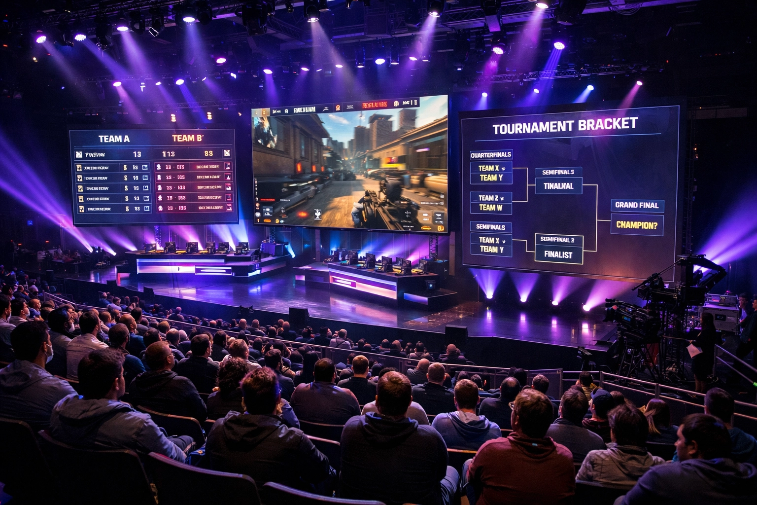 Esports tournament venue featuring multiple digital displays with live match statistics and brackets