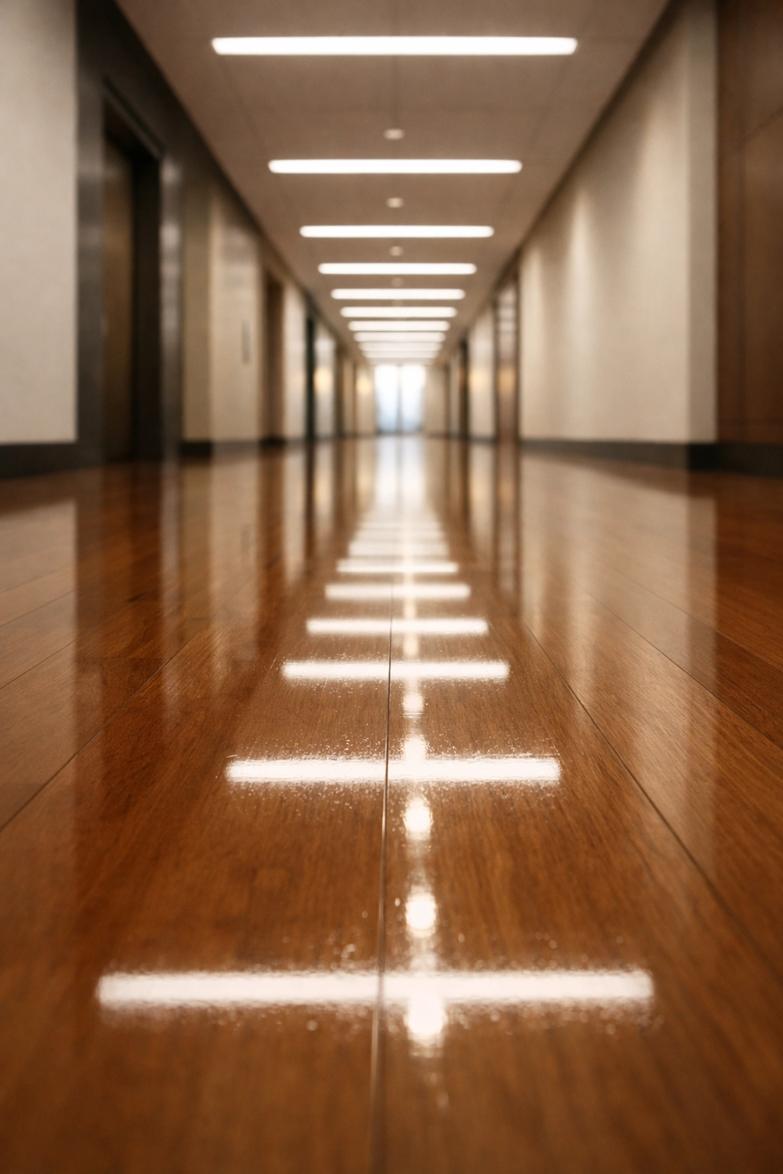 Polished commercial office hallway floor with a mirror finish, highlighting expert floor maintenance and reliability.