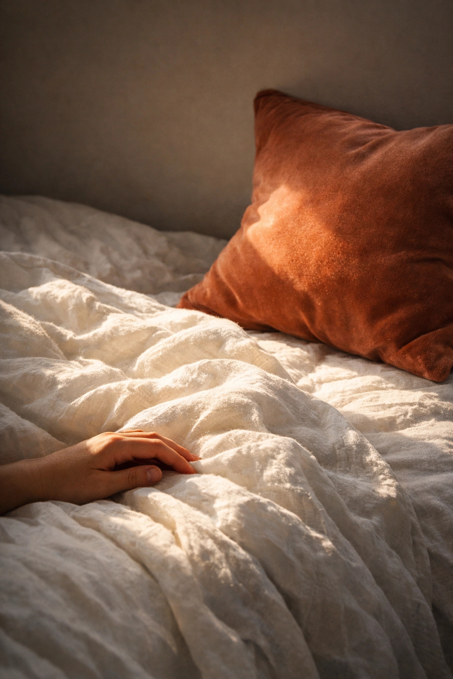 Soft sunlight on a bed, illustrating radical rest and emotional well-being during postpartum recovery.