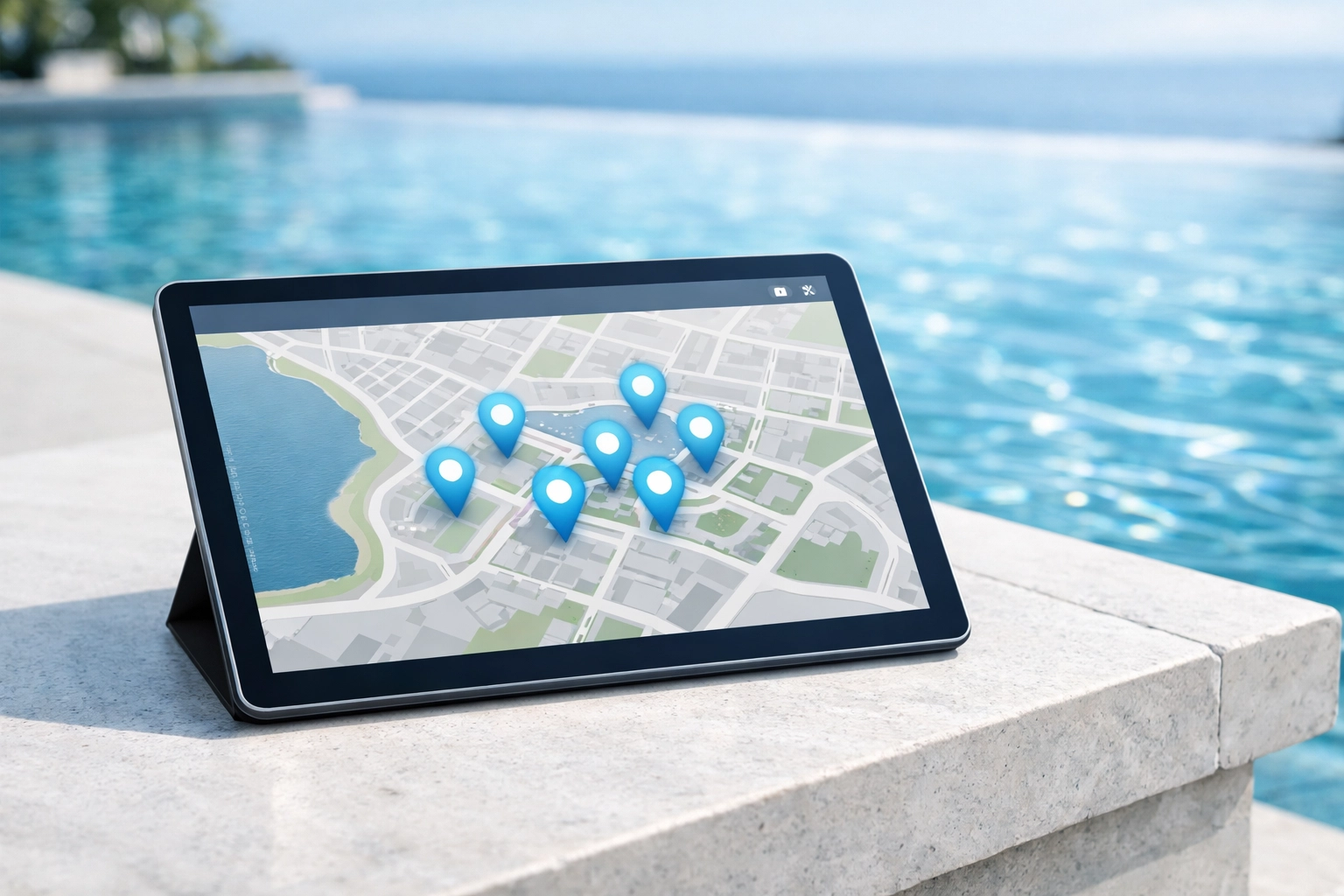 Digital tablet showing a clustered pool route map for an established business with recurring revenue.
