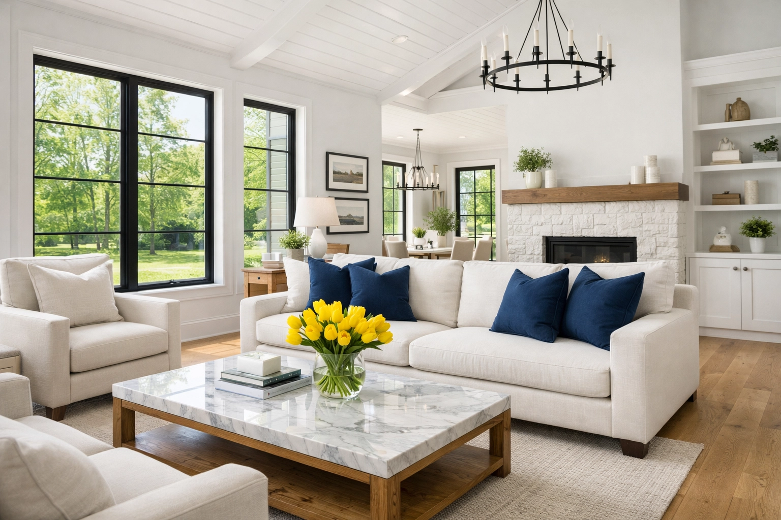 Sun-drenched living room showcasing professional house cleaning Dunstable MA in a modern farmhouse.