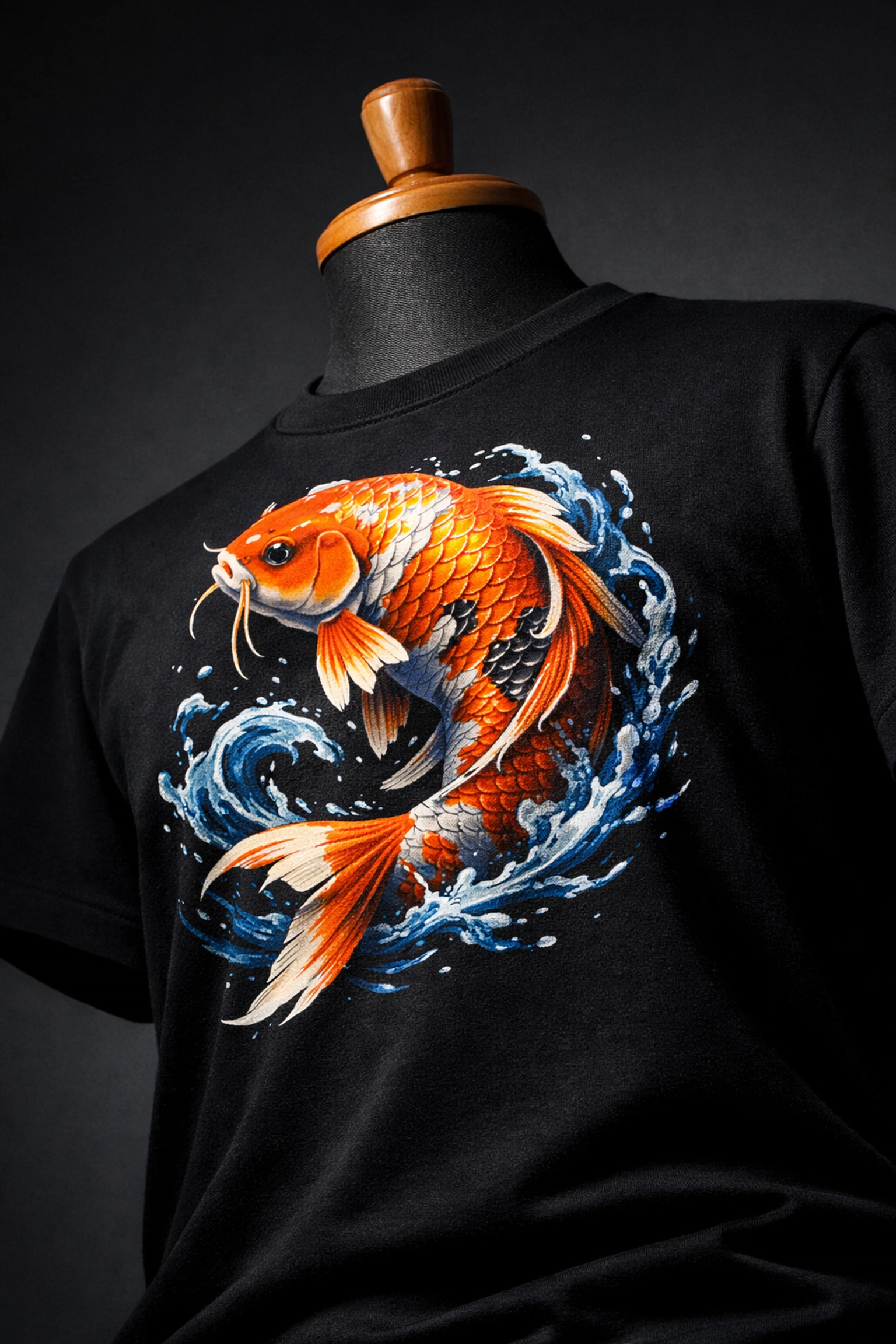 Professional custom DTG printing on a black cotton t-shirt featuring a vibrant and detailed koi fish design.