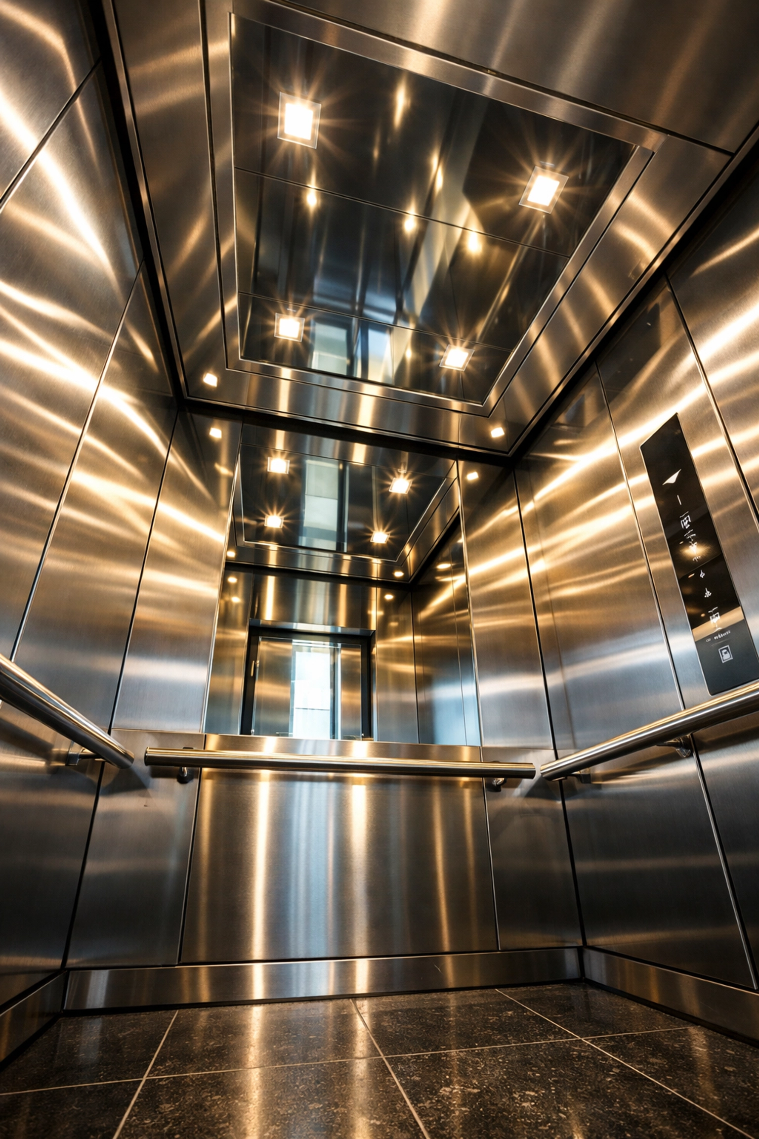 Clean modern elevator interior with polished stainless steel walls and gleaming surfaces