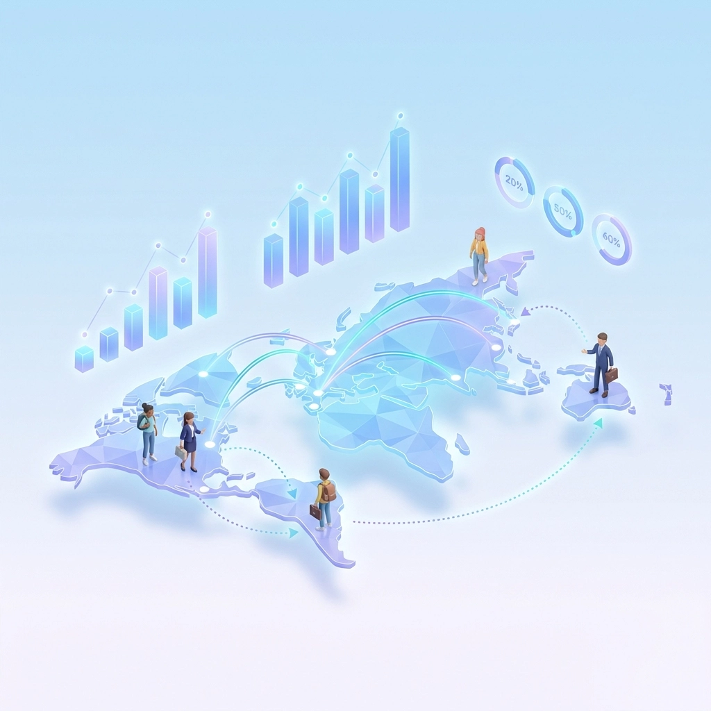 World map showing international student migration and return trends, visualizing global study and career movement