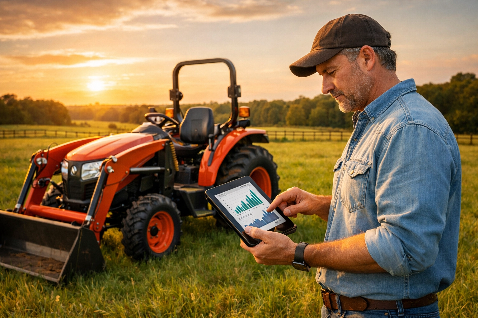 Florida property owner evaluating compact tractor financing costs on tablet in pasture