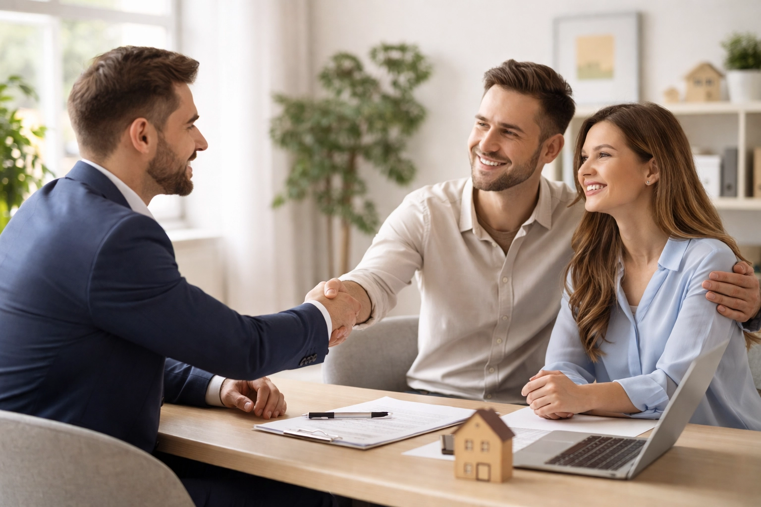 Mortgage advisor meeting with homeowners to discuss zero closing cost refinance options