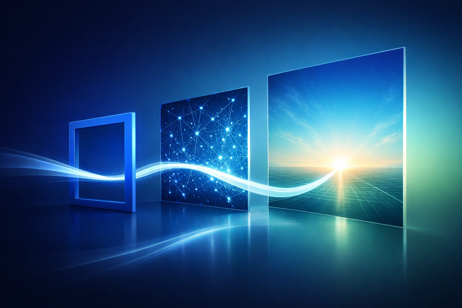 Digital portals visualizing the path from AI security and systems to total business transformation.