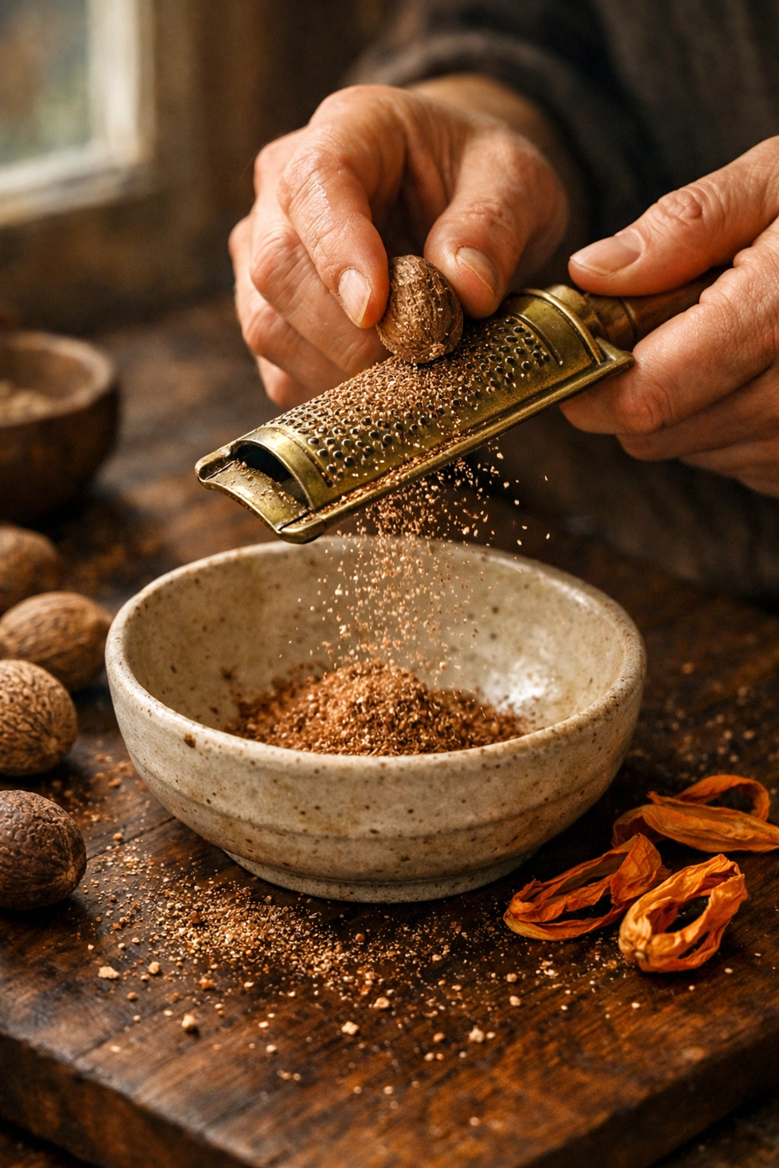 Grating fresh whole nutmeg over a ceramic bowl to release the aroma of authentic Kerala spices online.