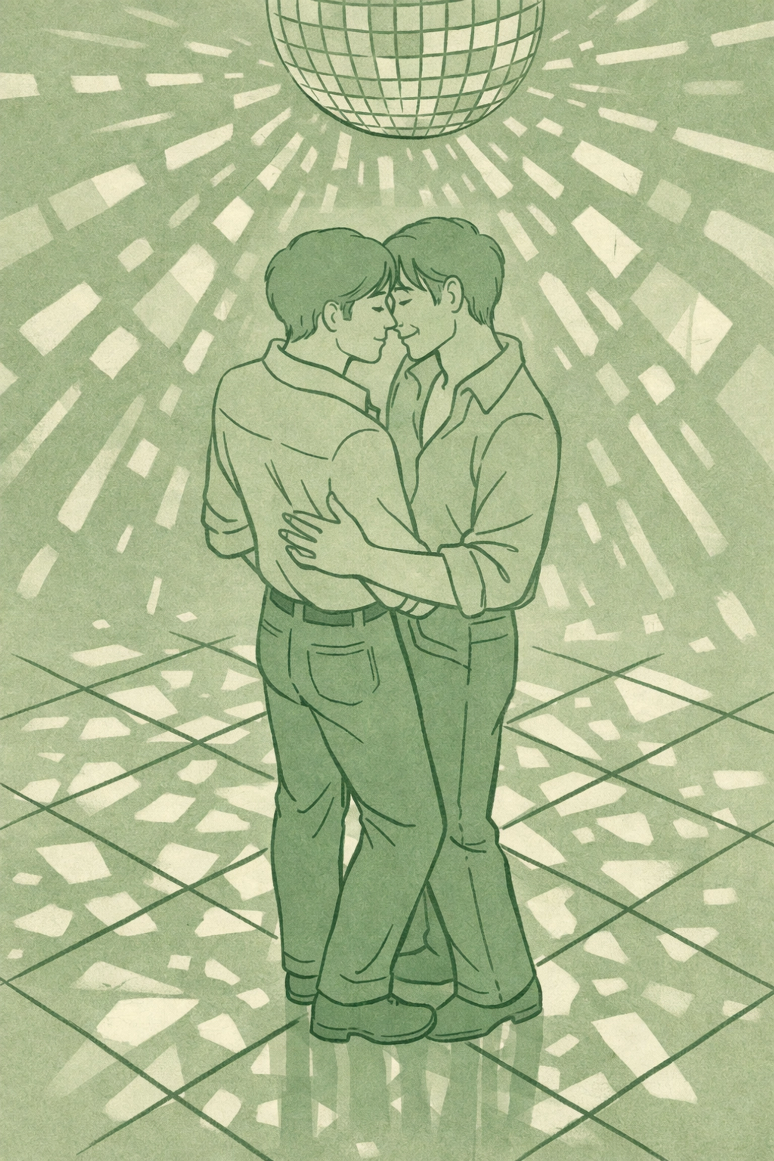 Gay couple dancing intimately on 1970s disco floor under mirror ball reflections