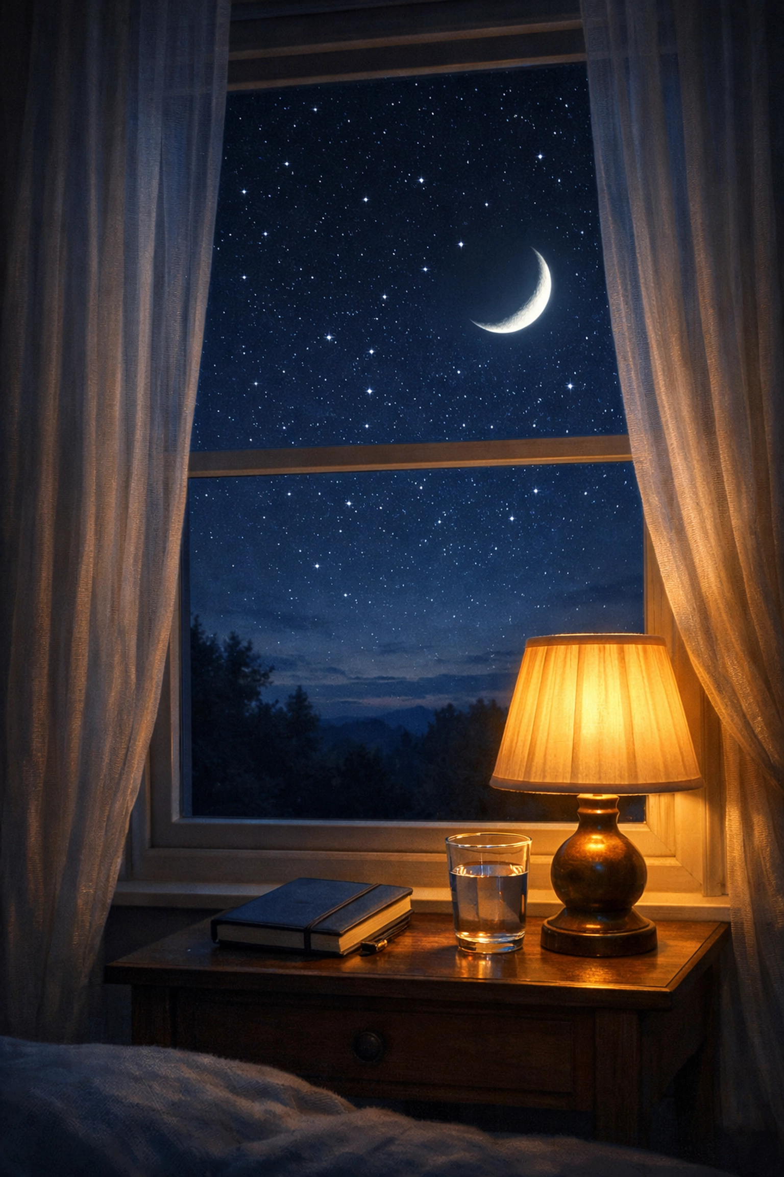 Peaceful bedroom window view at night with lamp and starry sky