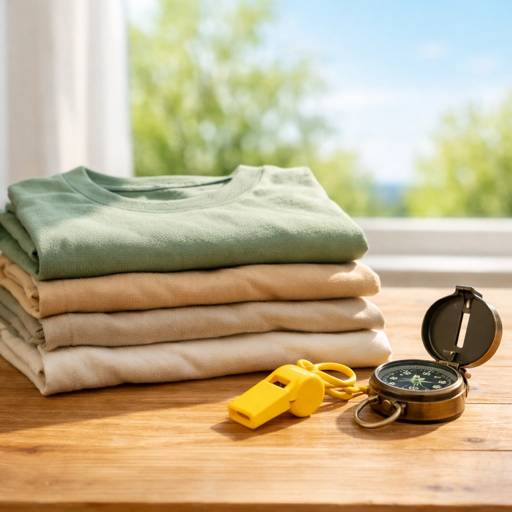 Stacked earth-tone summer camp t-shirts and a whistle on a table, ready for the 2026 season.