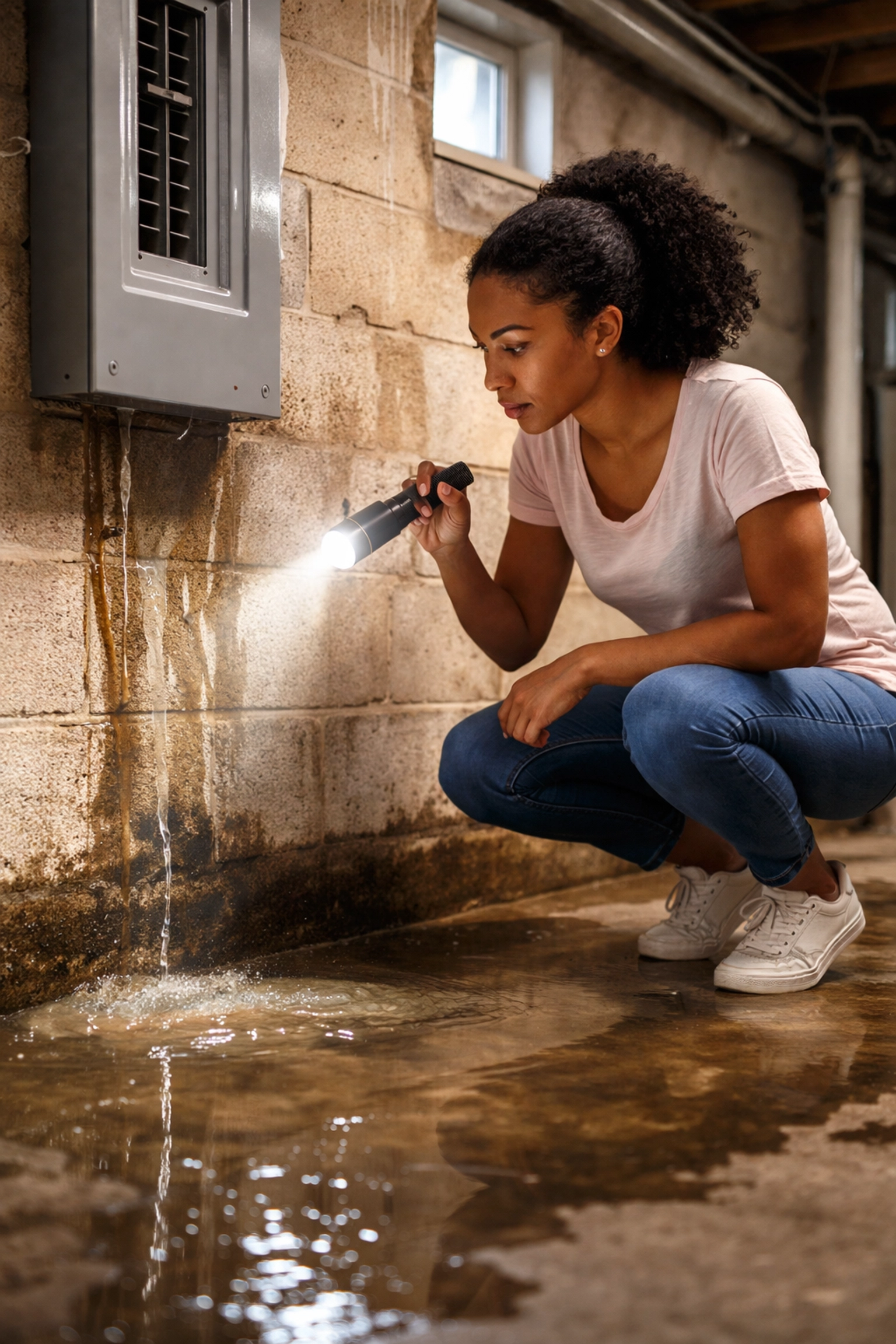African American woman inspects water damage near a basement electrical panel in Atlanta following post-storm flooding.