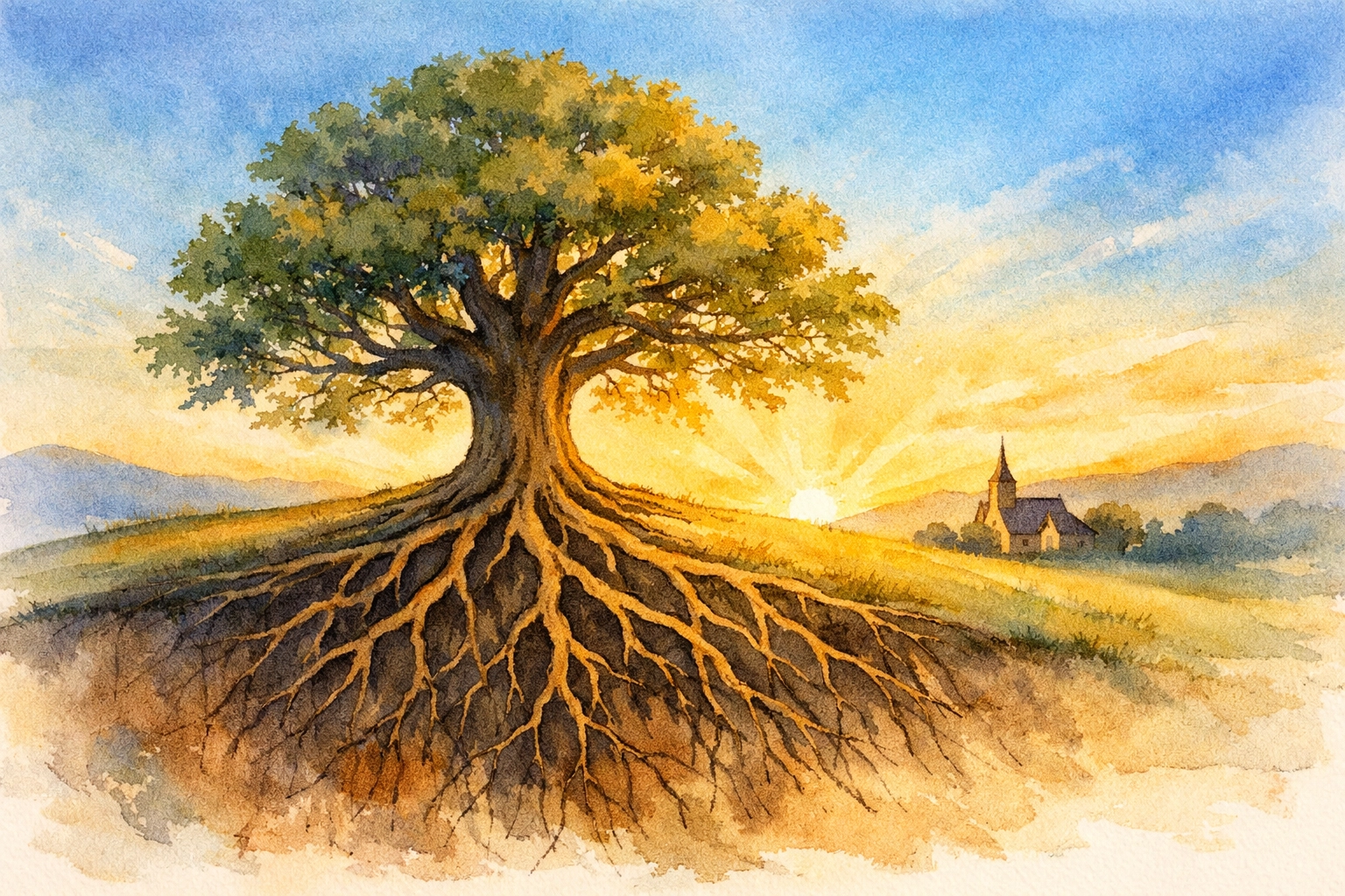 Strong oak tree with deep roots at sunrise representing a lasting leadership legacy by Dr. Layne McDonald - www.laynemcdonald.com