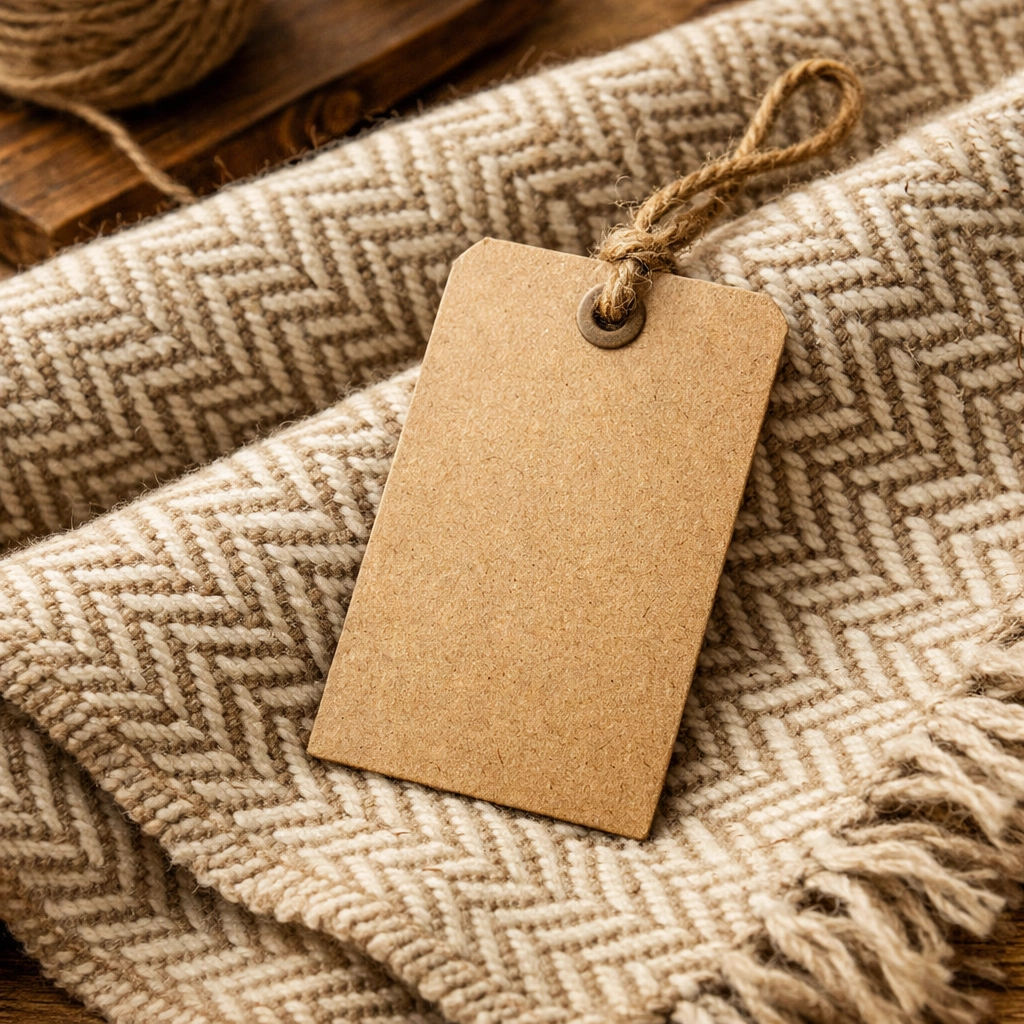Close-up of hand-woven artisan gifts with eco-friendly tags in a curated home decor collection.