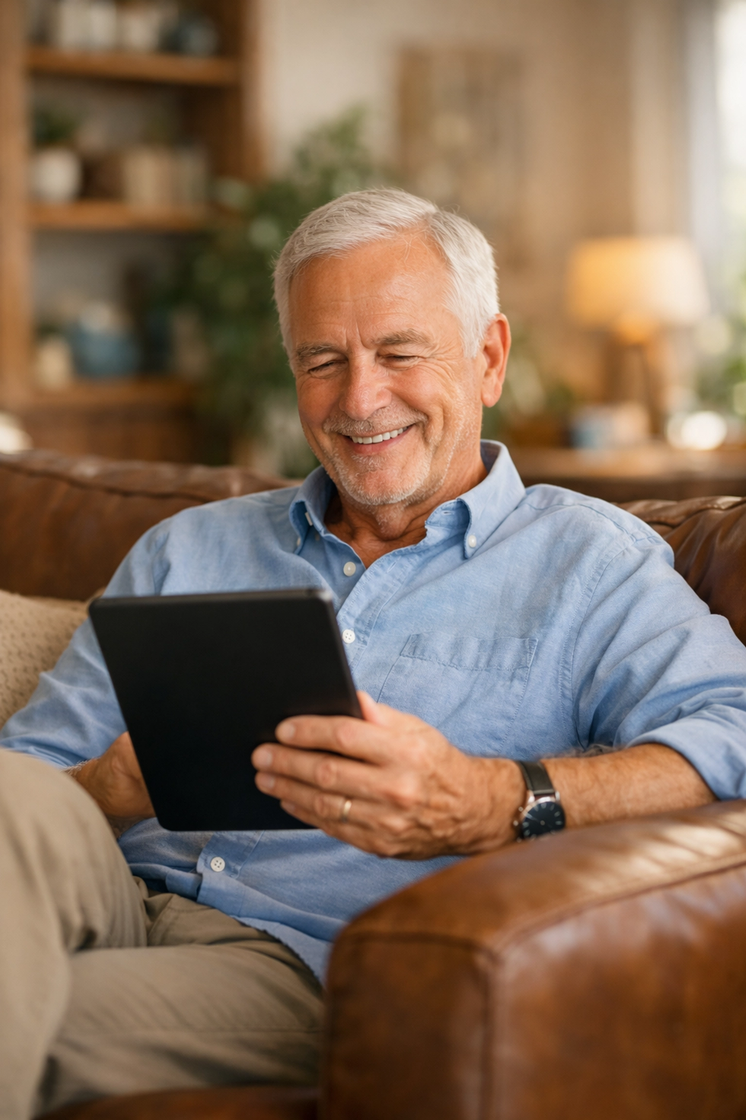 Senior man applying for final expense insurance on a tablet with no medical exam required. Senior man applying for final expense insurance on a tablet with no medical exam required.
