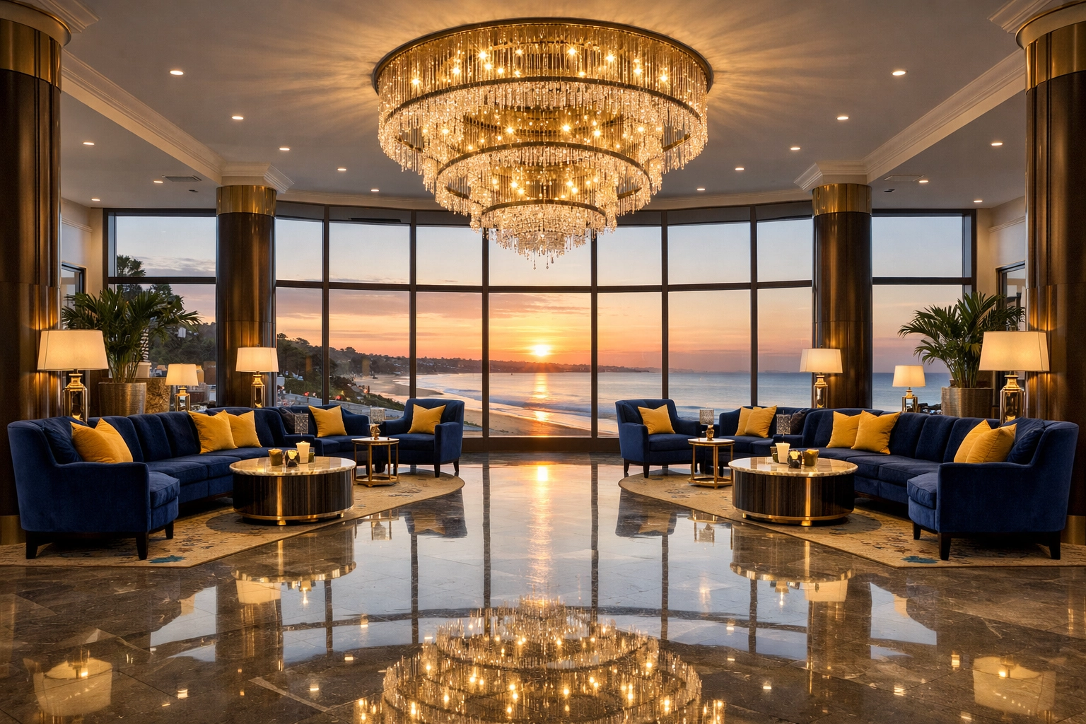 Pristine hotel lobby in Revere with polished marble floors and coastal views, reflecting high cleaning standards.