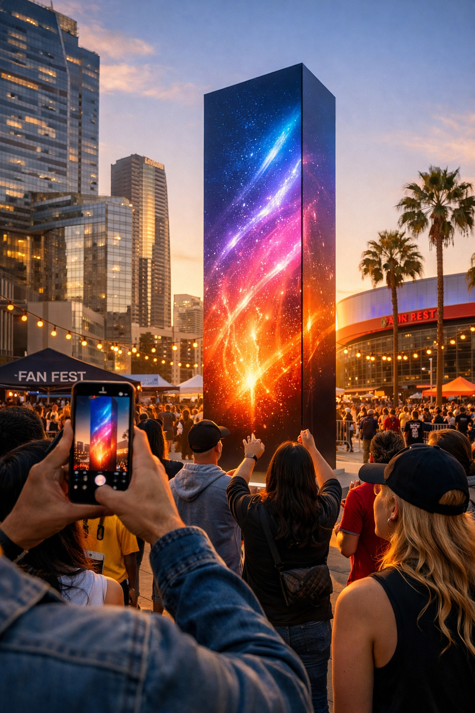 Fans capturing photos of a digital OOH display at a Los Angeles Super Bowl 2026 fan festival.