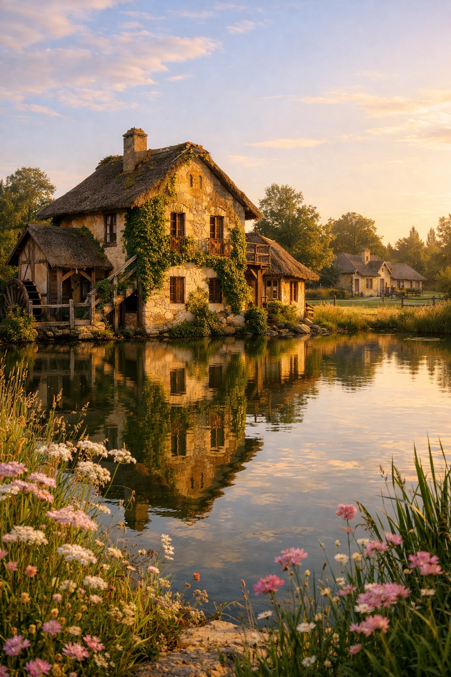 Rustic cottages at the Queen’s Hamlet in Versailles during golden hour.