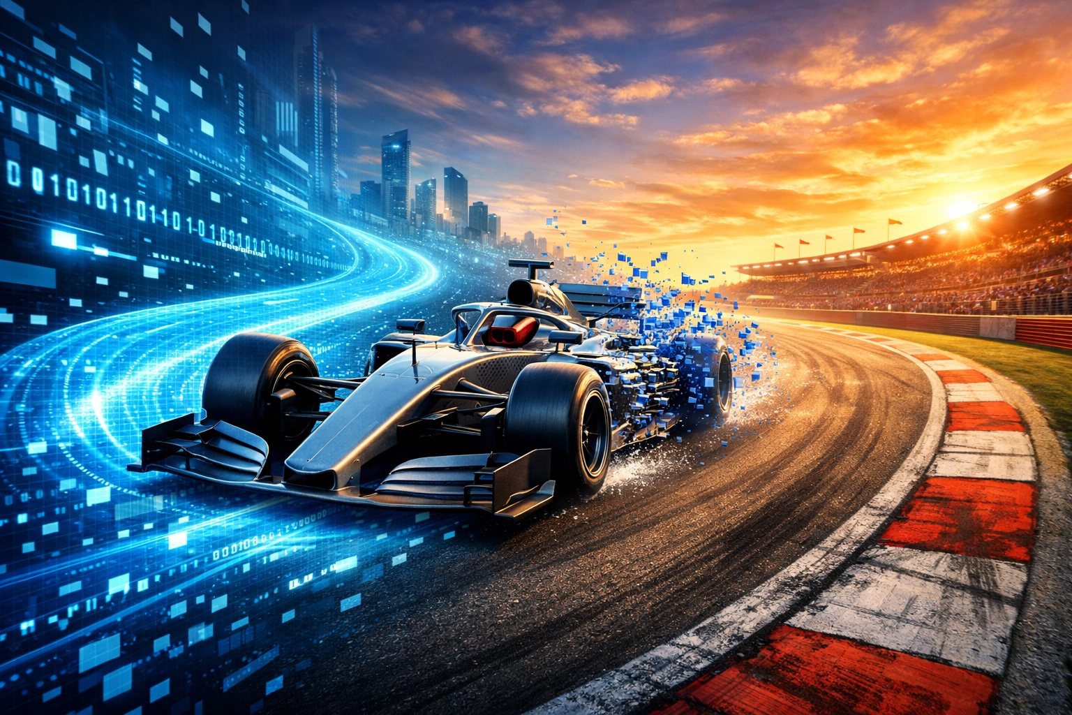 A digital data stream transforms into a real racing track, illustrating the SIM to real talent pipeline.