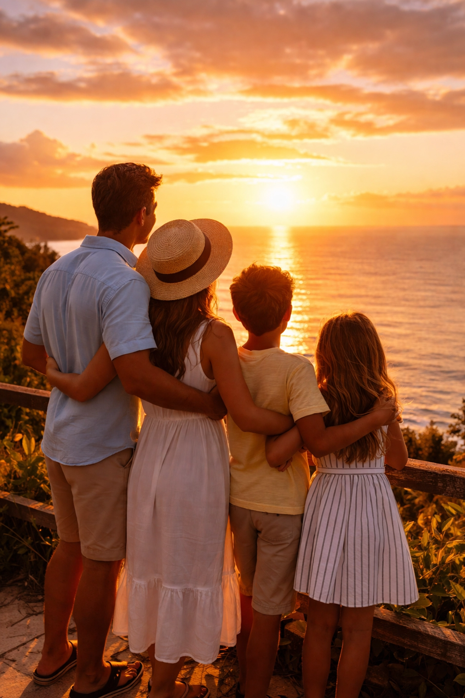 Happy family overlooking an ocean sunset, capturing travel memories and the benefits of working as a travel advisor.