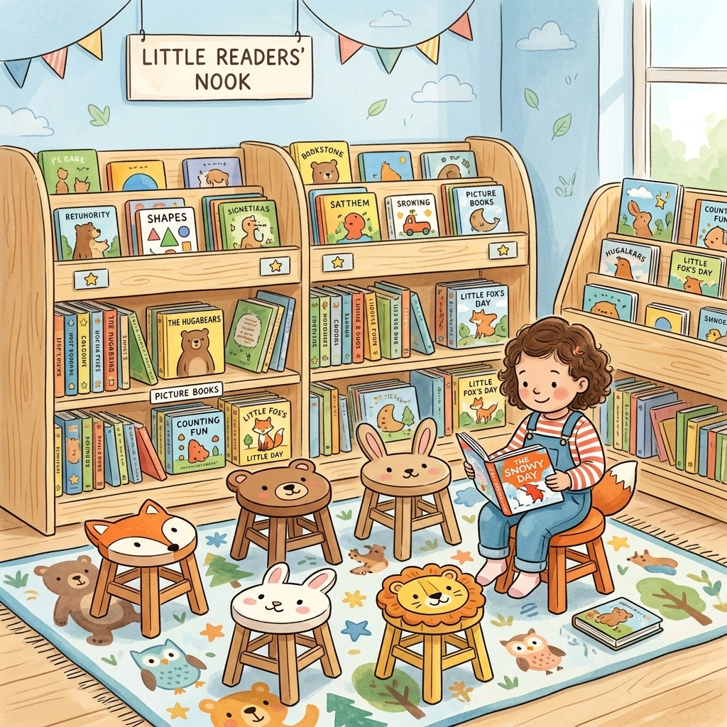 A kid-friendly library corner with animal-shaped stools and low bookshelves.