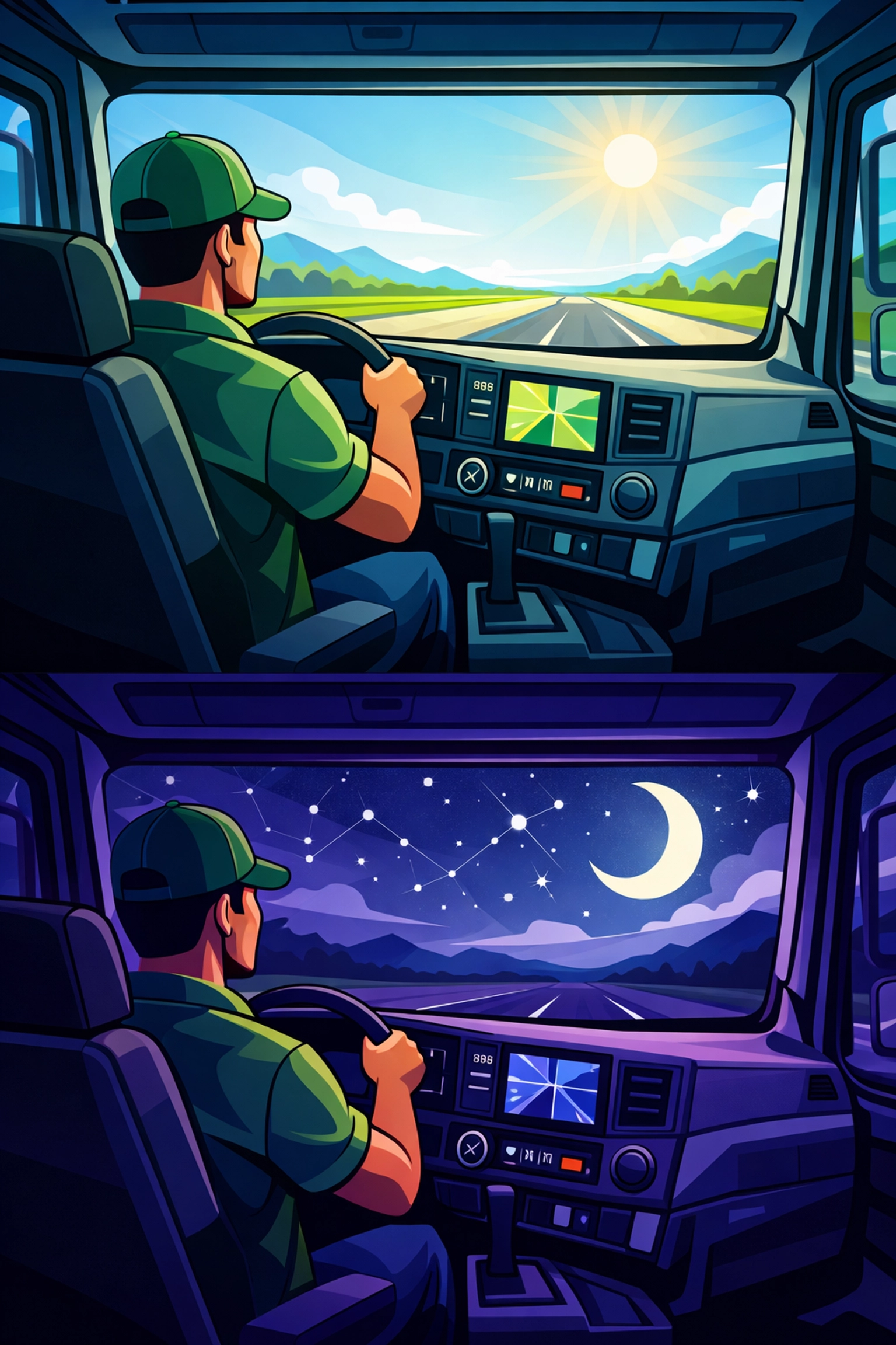 HGV driver cab showing day shift versus night shift driving conditions