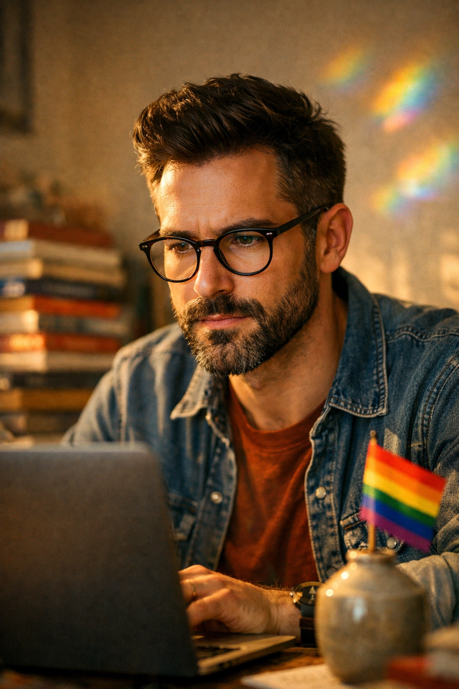 MM romance author using a laptop in a sunlit home office to write and publish new gay fiction novels.