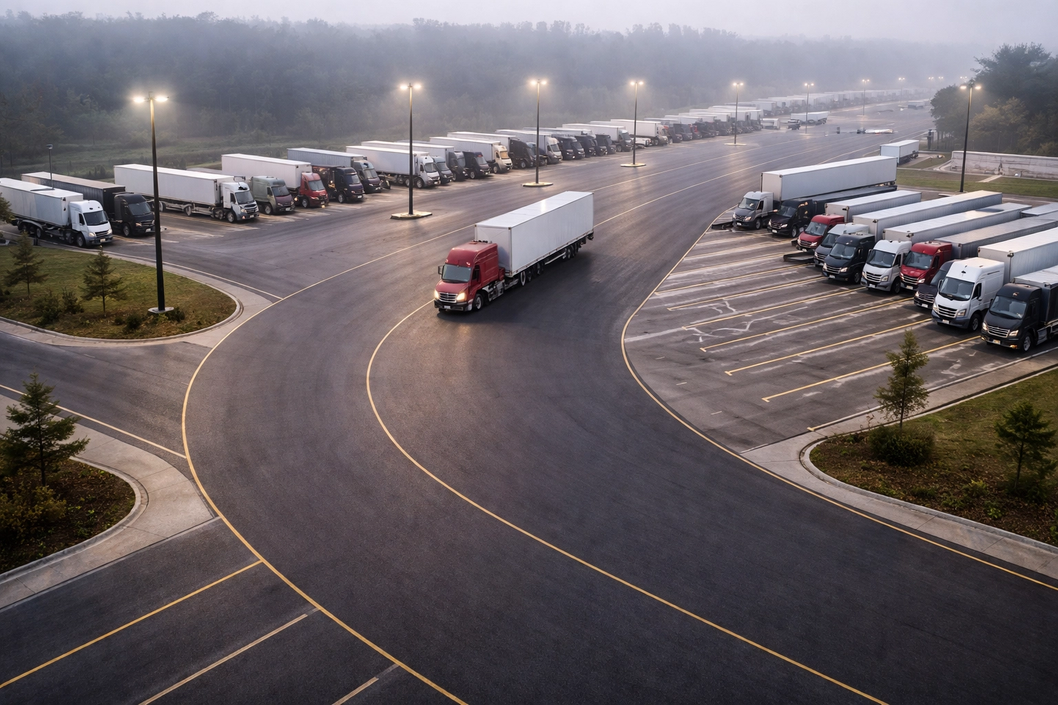 Aerial view of a Houston truck parking facility with wide aisles and easy-turn access for big rigs.