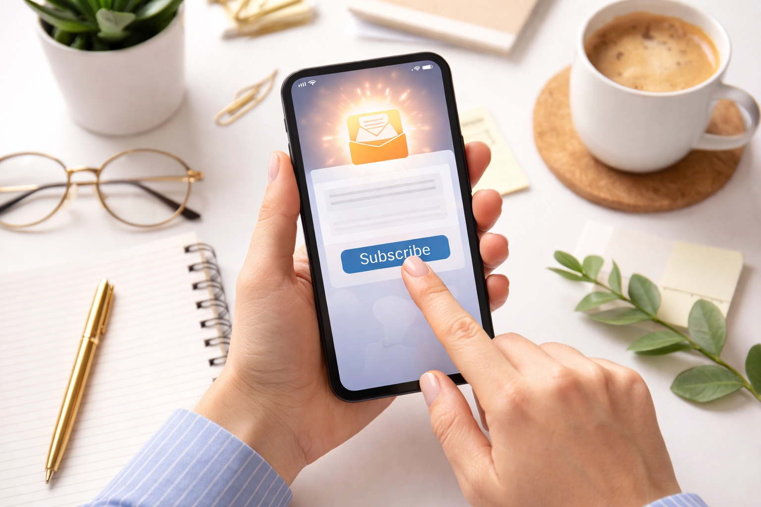 Hands holding smartphone with email inbox and lead magnet, emphasizing building an email list with irresistible sign-up offers.