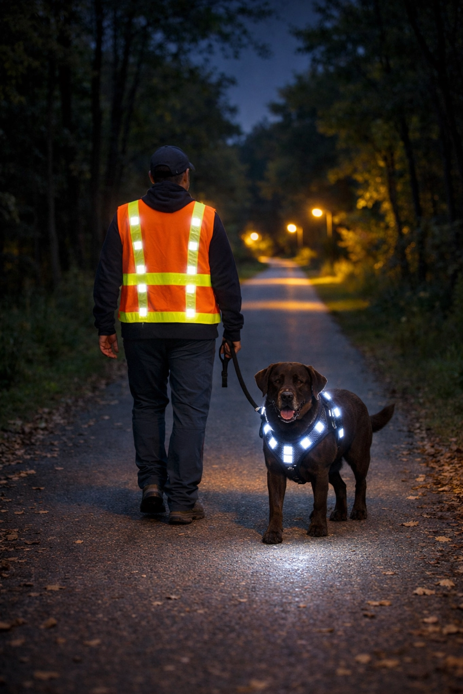 Night walker and dog wearing LED safety gear on Clinton River Trail Oakland County
