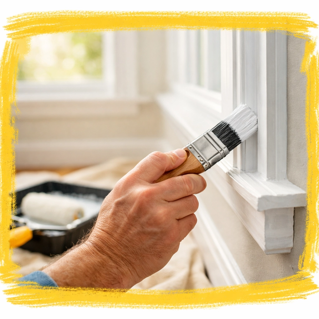 Homeowner painting window trim as part of home maintenance before selling house Homeowner painting window trim as part of home maintenance before selling house