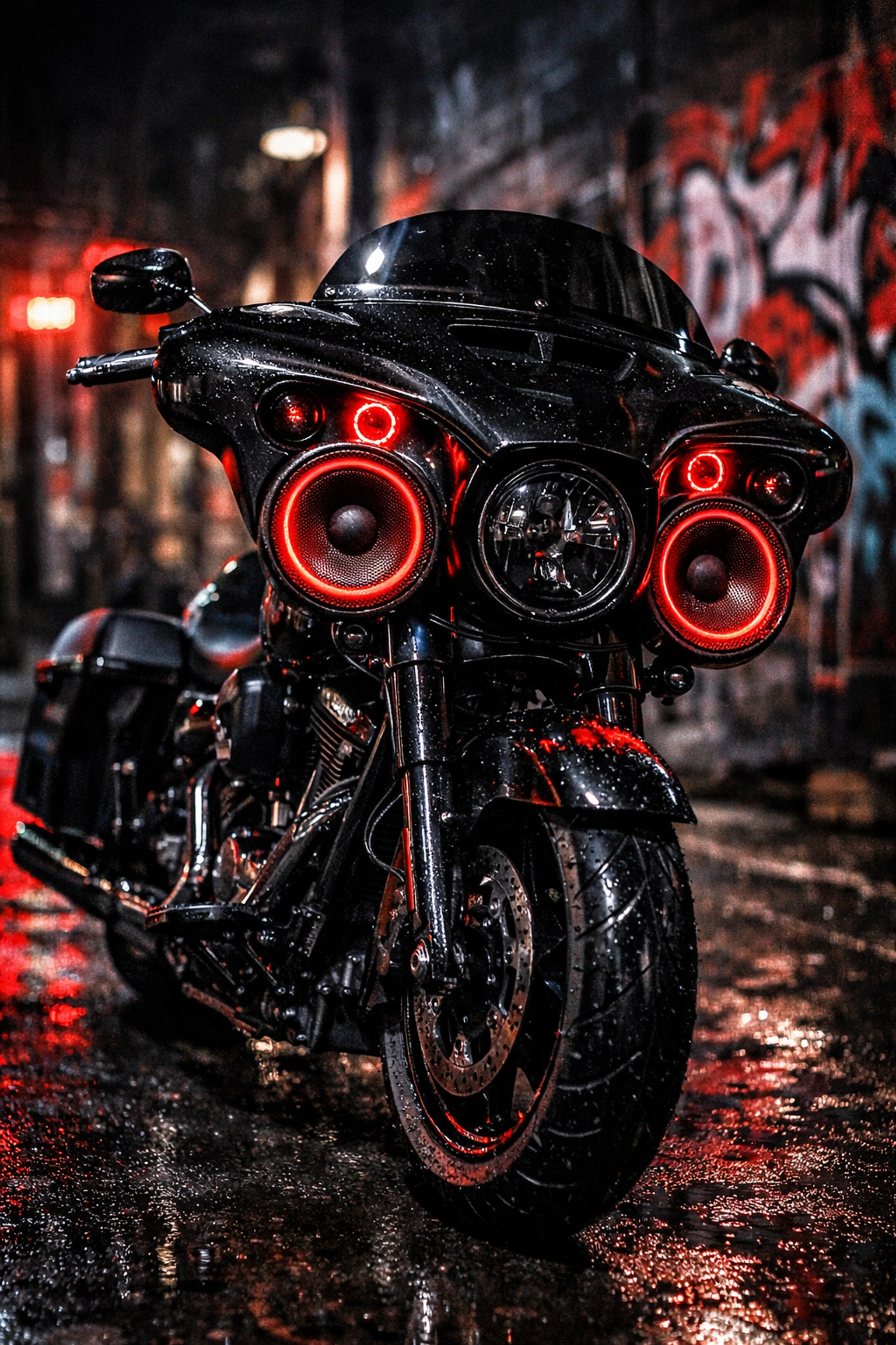 Custom motorcycle audio system with integrated speakers and red LED accents on a blacked-out cruiser.