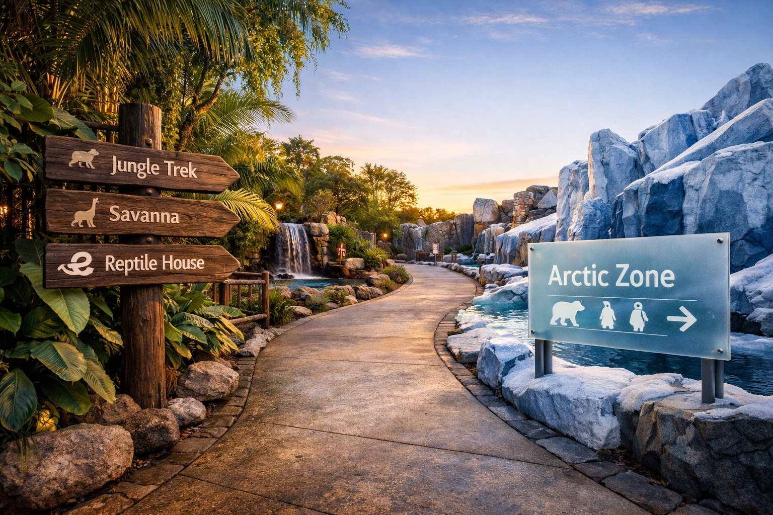 Professional zoo wayfinding signage illustrating immersive branding transitions between animal habitats.