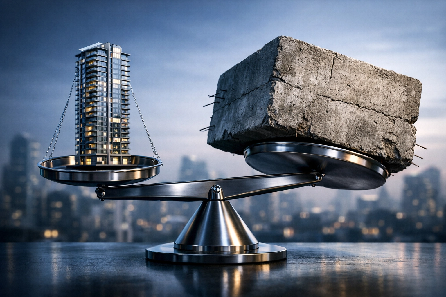 Scale balancing a modern apartment building against heavy concrete representing high municipal development charges.