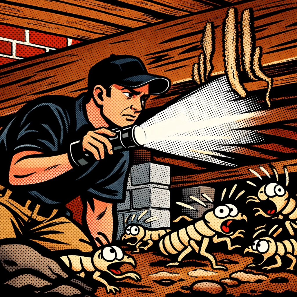 Professional termite inspection in crawlspace discovering early mud tubes and termite activity in Walker County