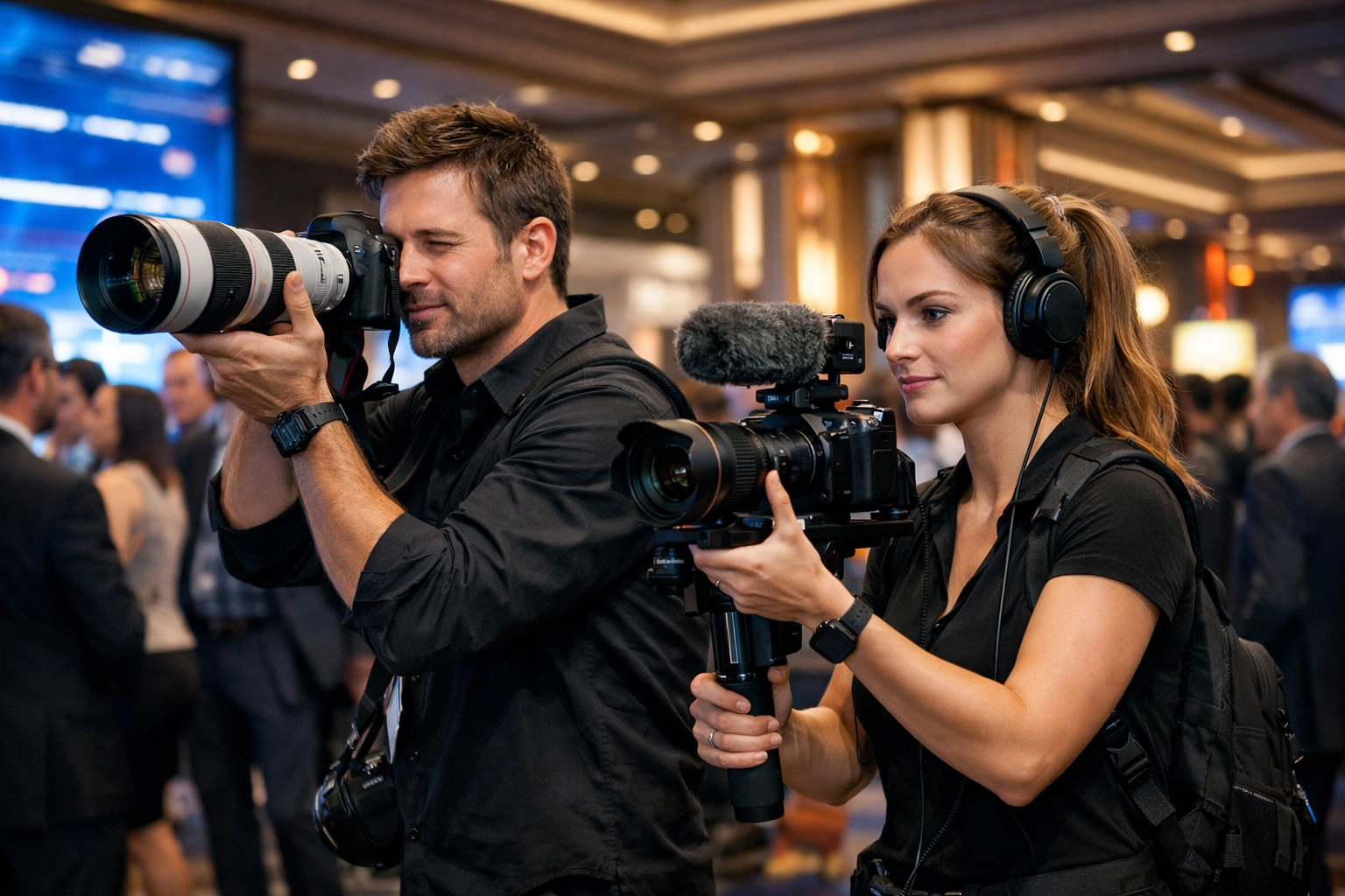 Corporate event photographer and videographer working together to cover a business event in Las Vegas.