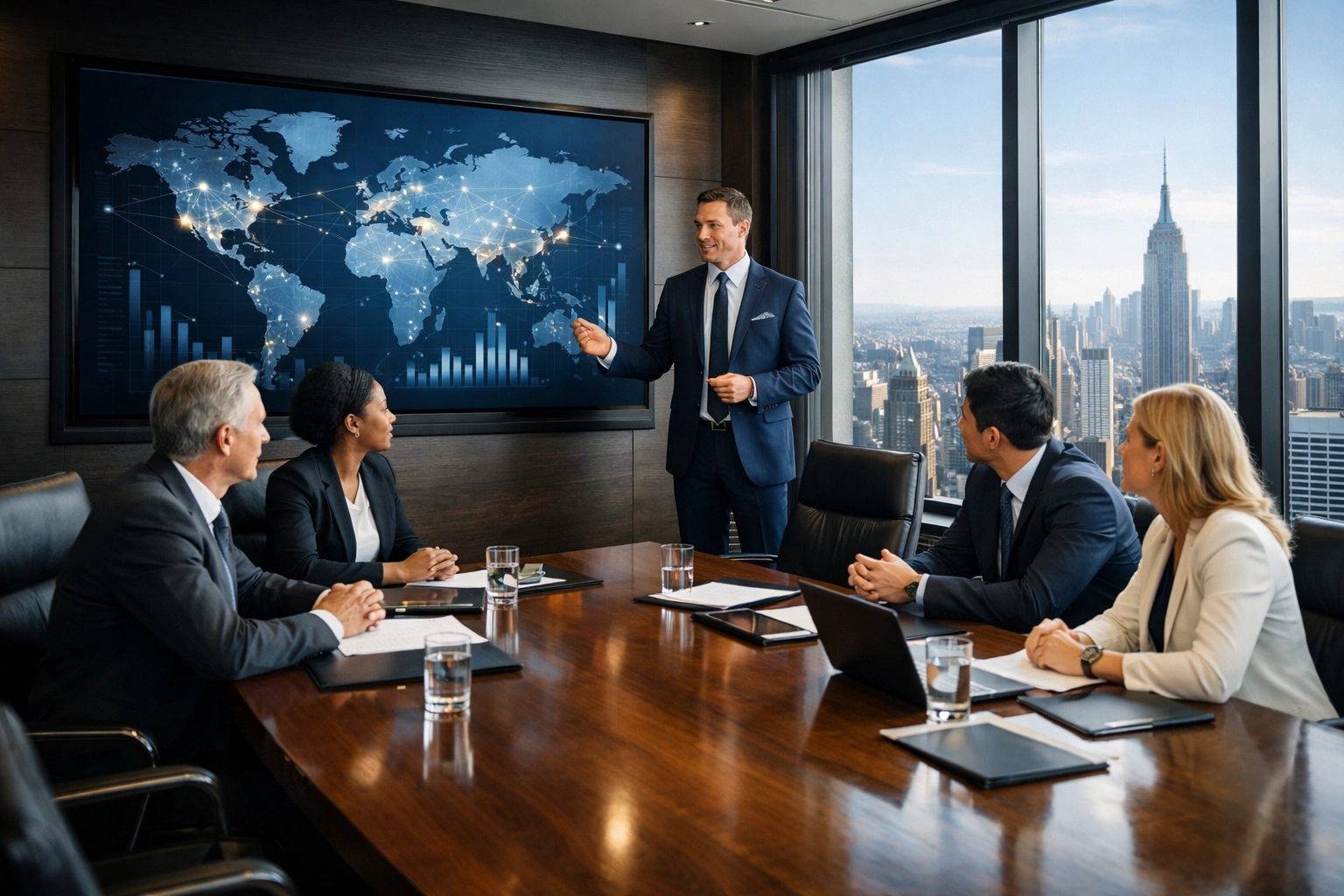 Business executives in a boardroom strategizing how to leverage global media assets to scale their brand.