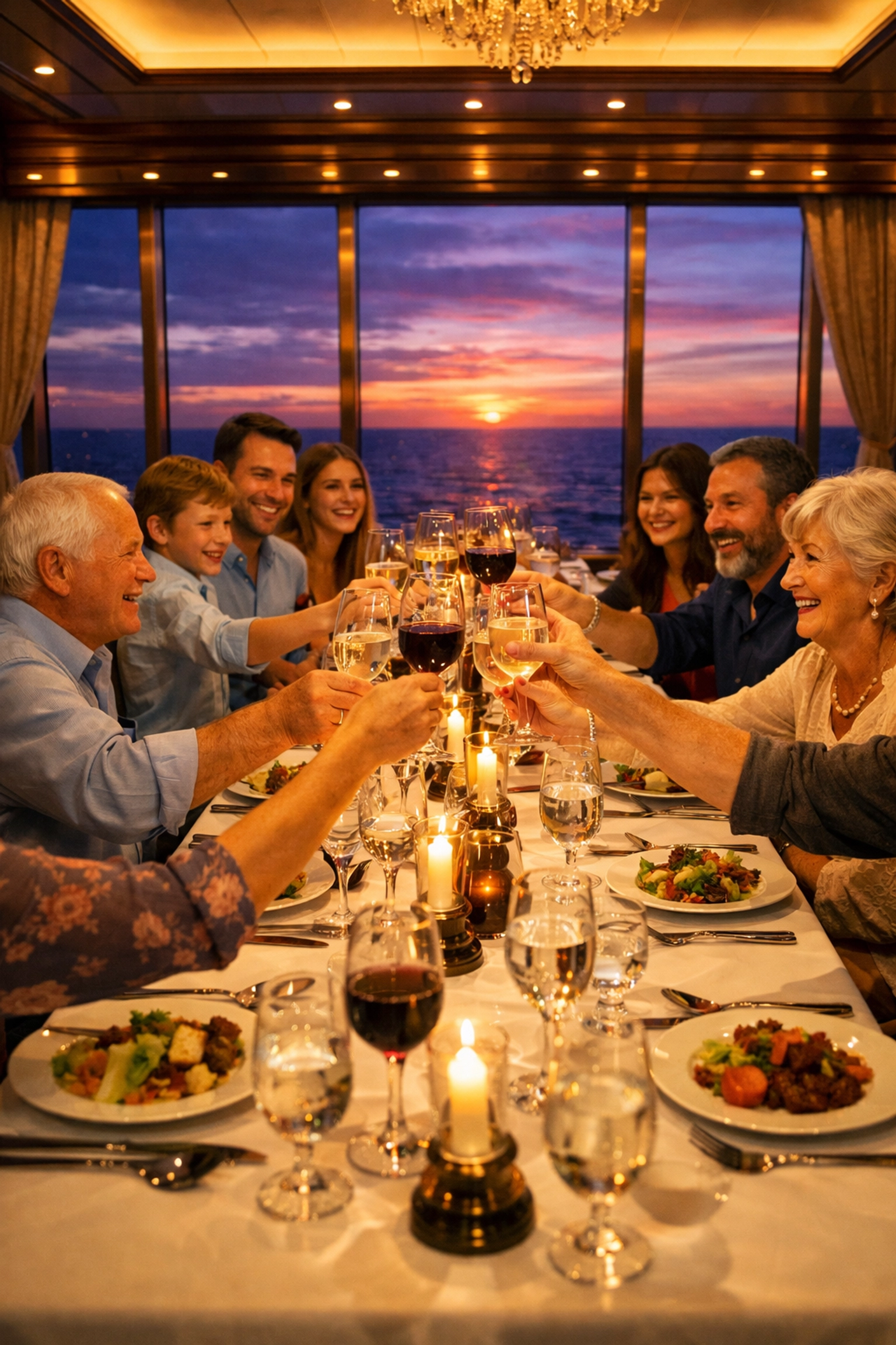A multi-generational family enjoying a group dinner on a Carnival cruise at sunset.