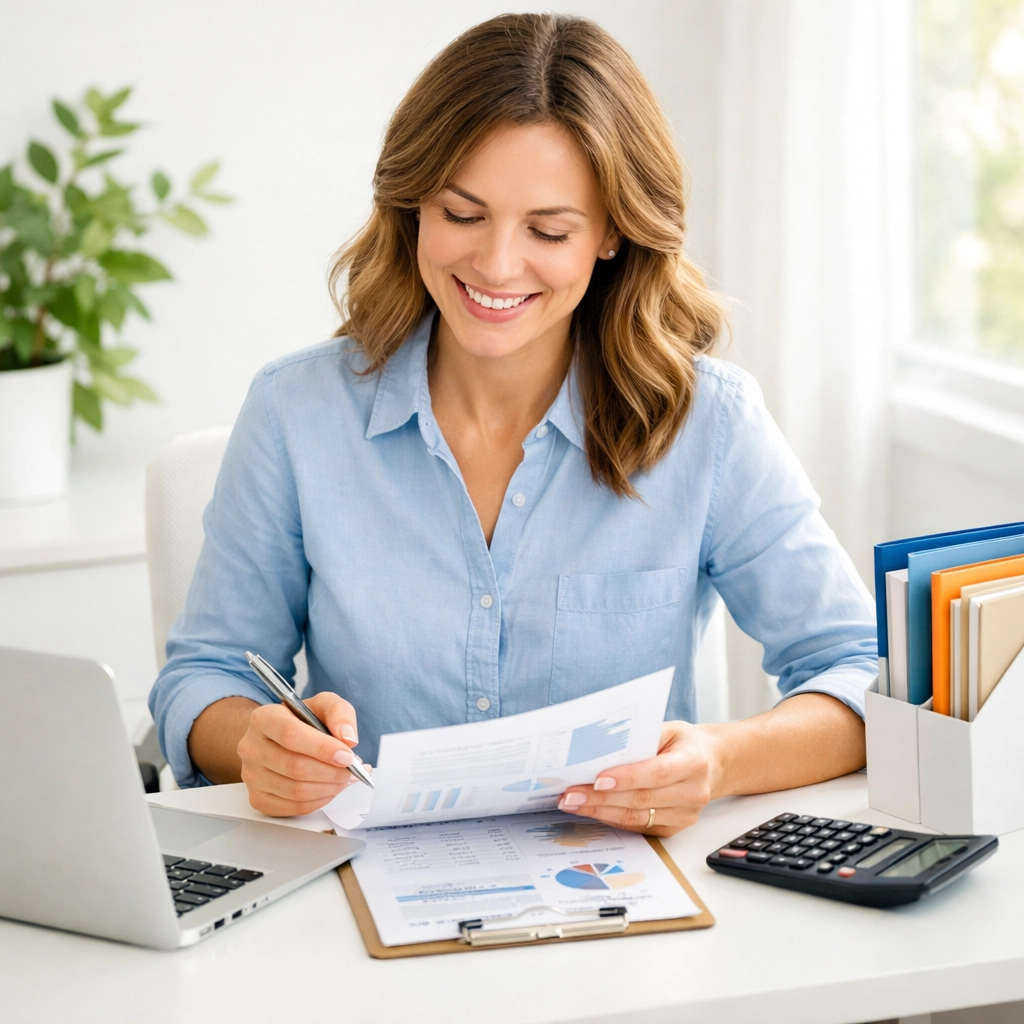 Small business owner organizing financial records and bookkeeping documents for tax preparation Small business owner organizing financial records and bookkeeping documents for tax preparation