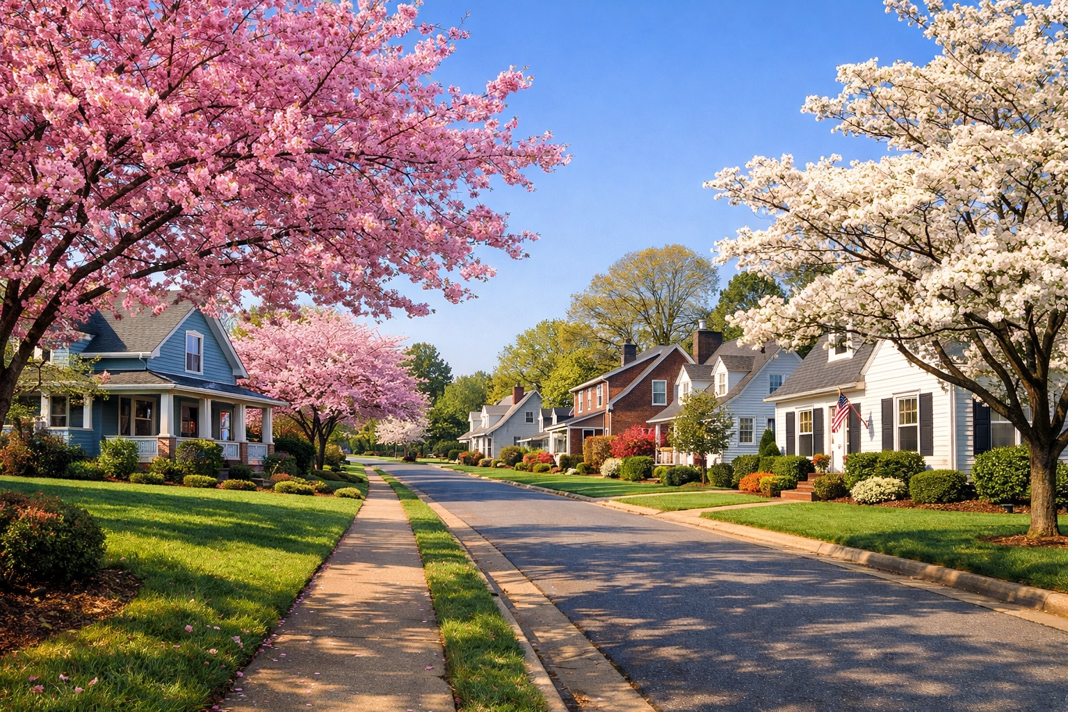 Charming Triad suburban street with blooming trees and affordable homes during the spring season.