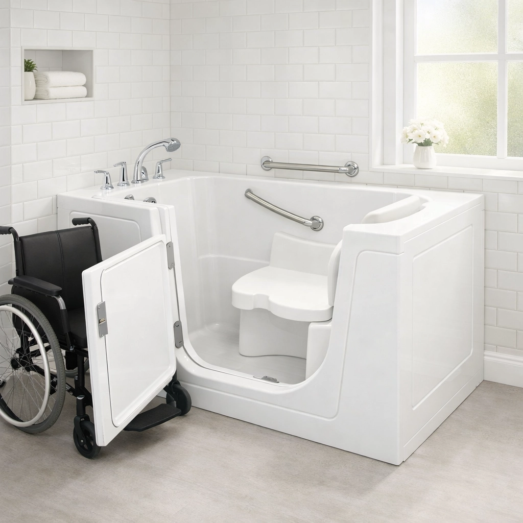 Wheelchair accessible walk-in tub with outward-swinging door open next to wheelchair for easy transfer
