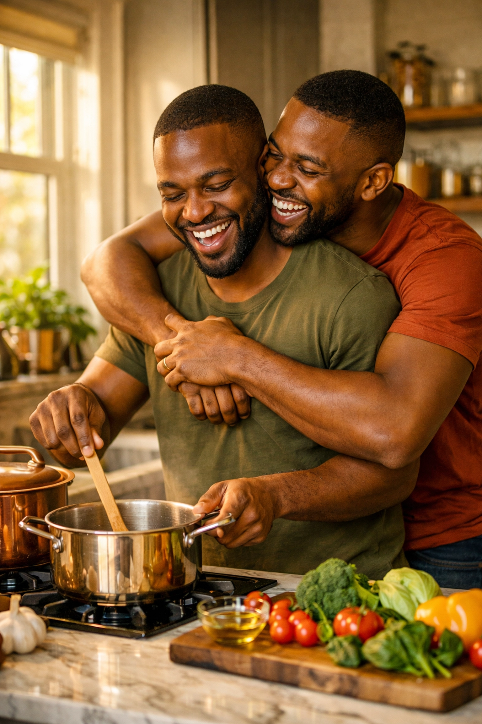 Black gay couple cooking together in kitchen sharing domestic joy and partnership