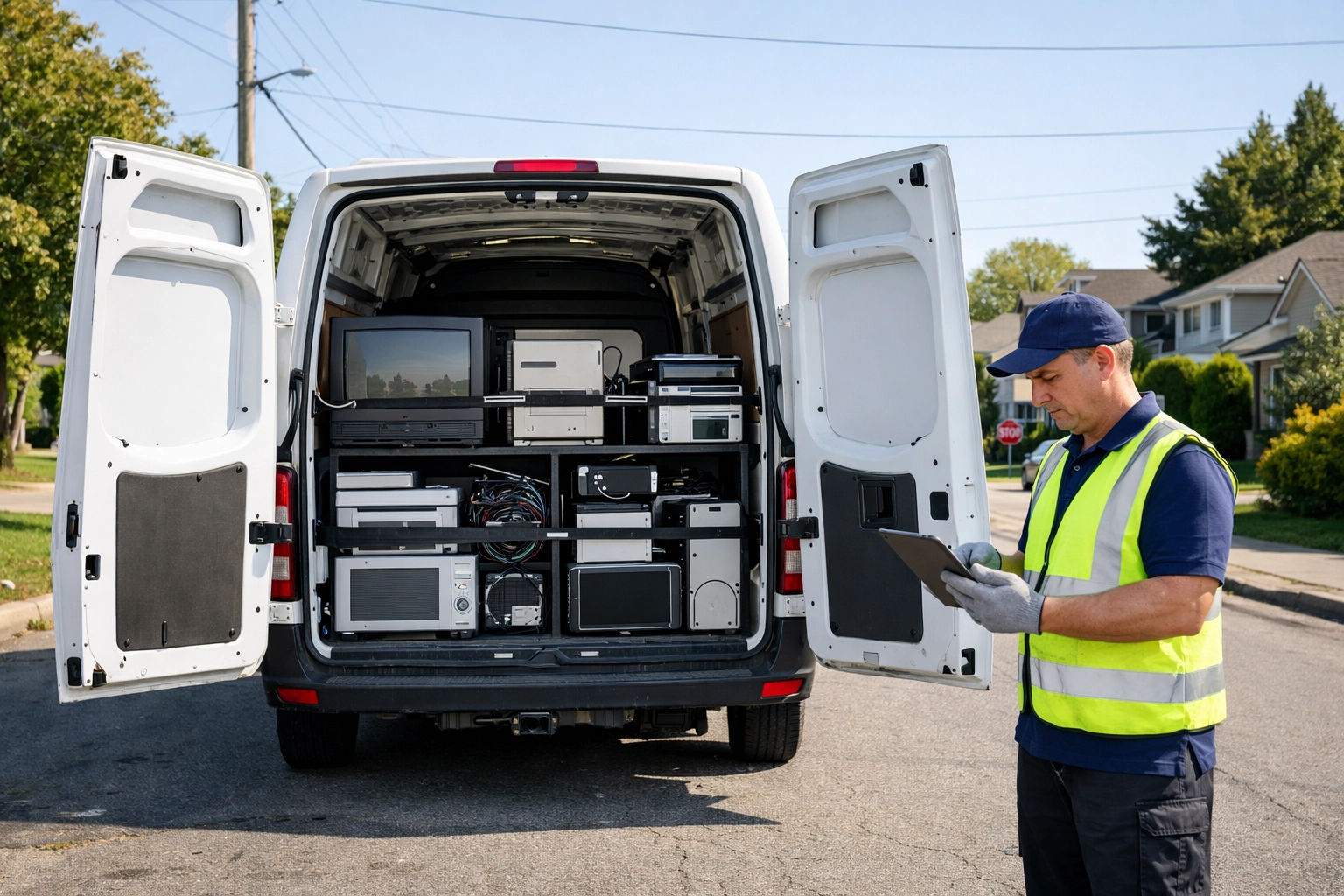 A professional waste collection van in a Northamptonshire street providing free e-waste collection services.