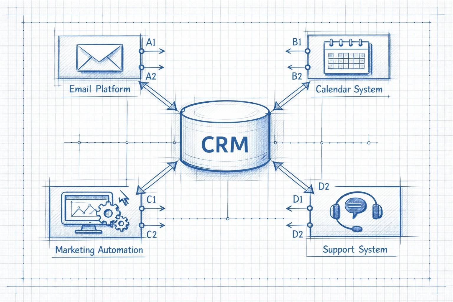 CRM integration diagram showing central system connected to email, calendar, and marketing tools