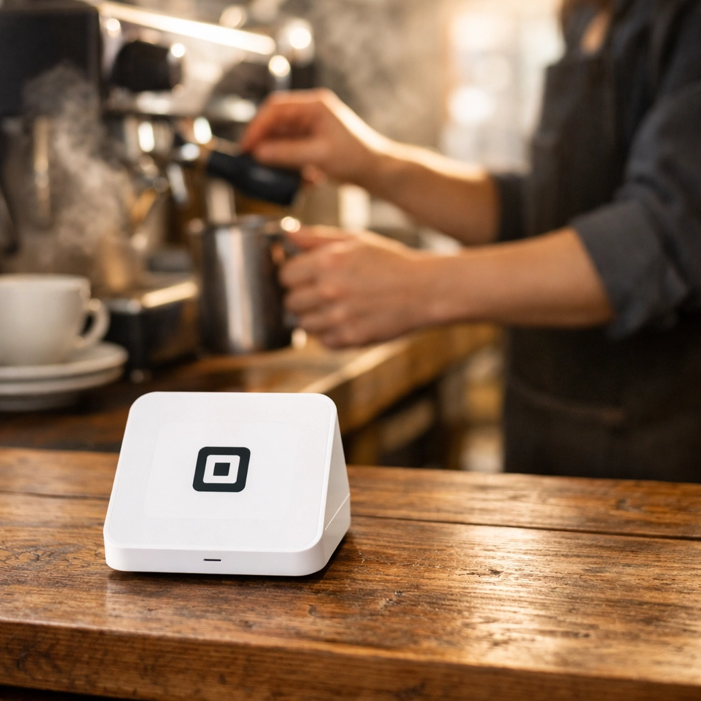 Square card reader on coffee shop counter with barista preparing drinks