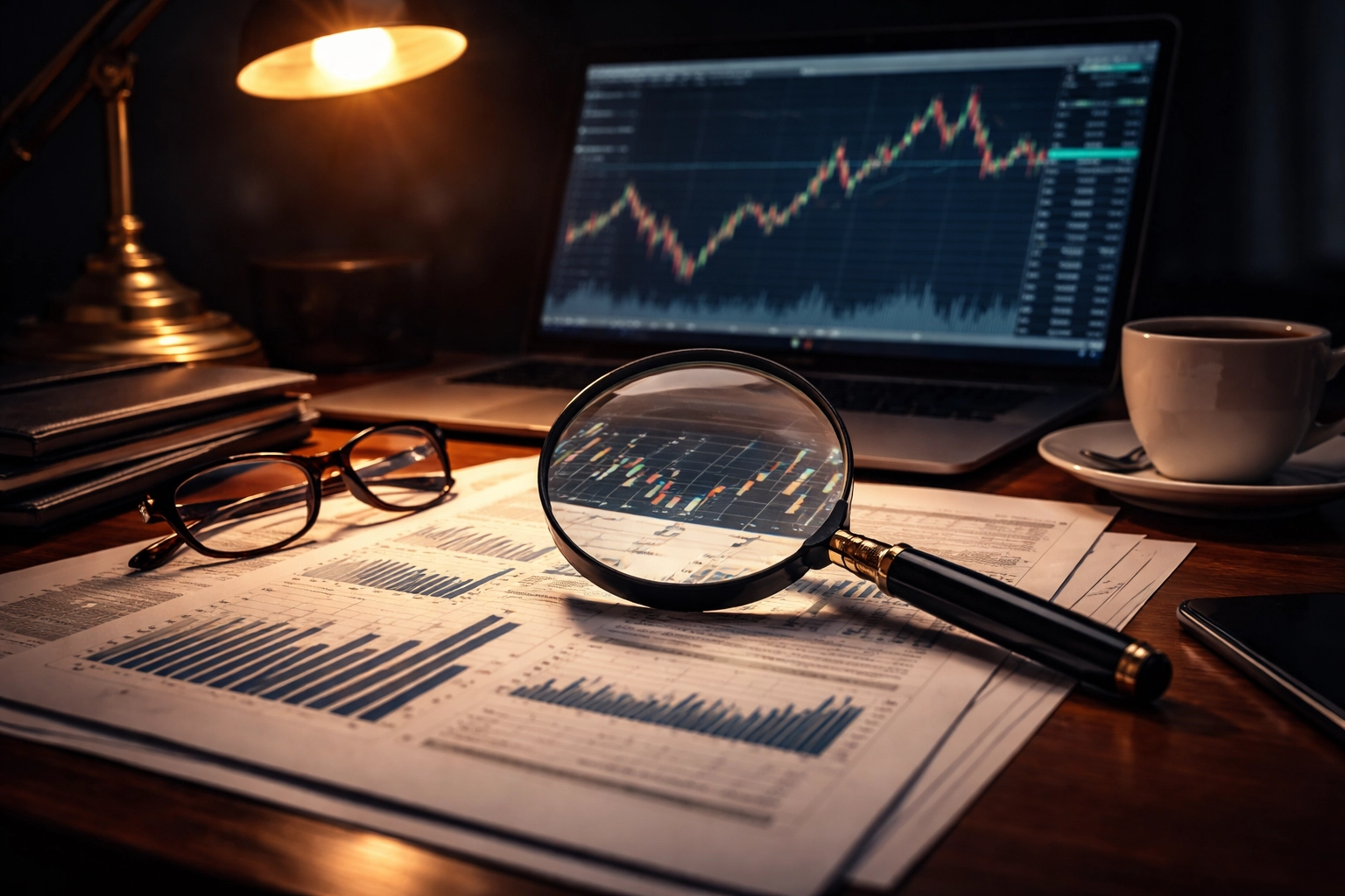 Investor's desk with financial documents and market charts, emphasizing due diligence in evaluating alternative investment risks.