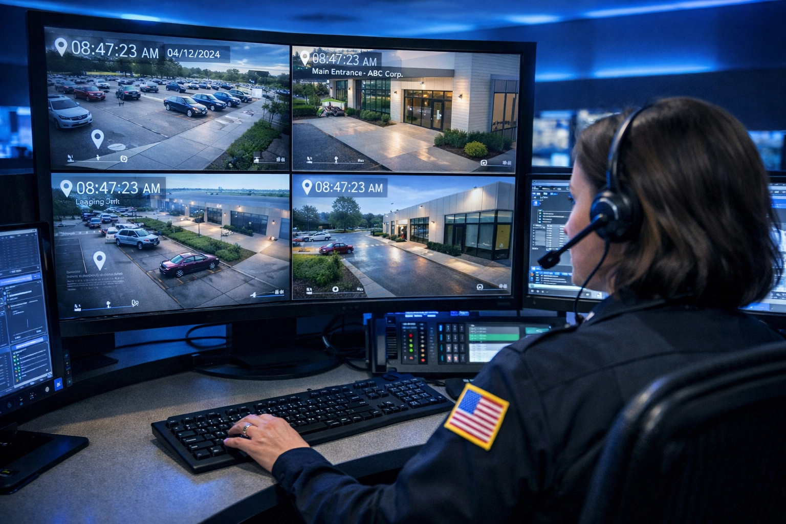 Emergency dispatcher monitoring live 911 Camera Share feeds from Michigan business