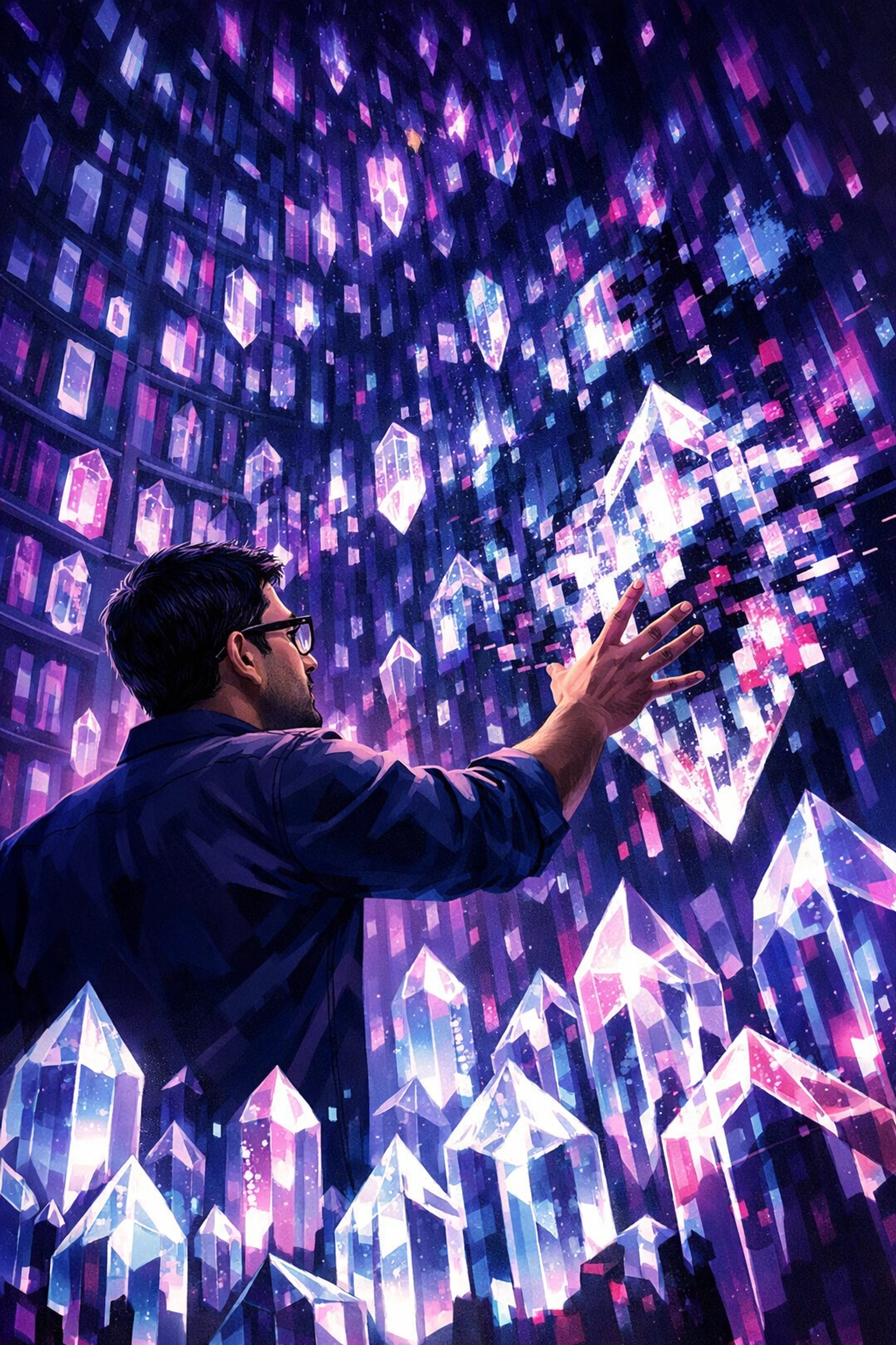 South Asian architect inspecting glowing data crystals to illustrate AI model collapse.