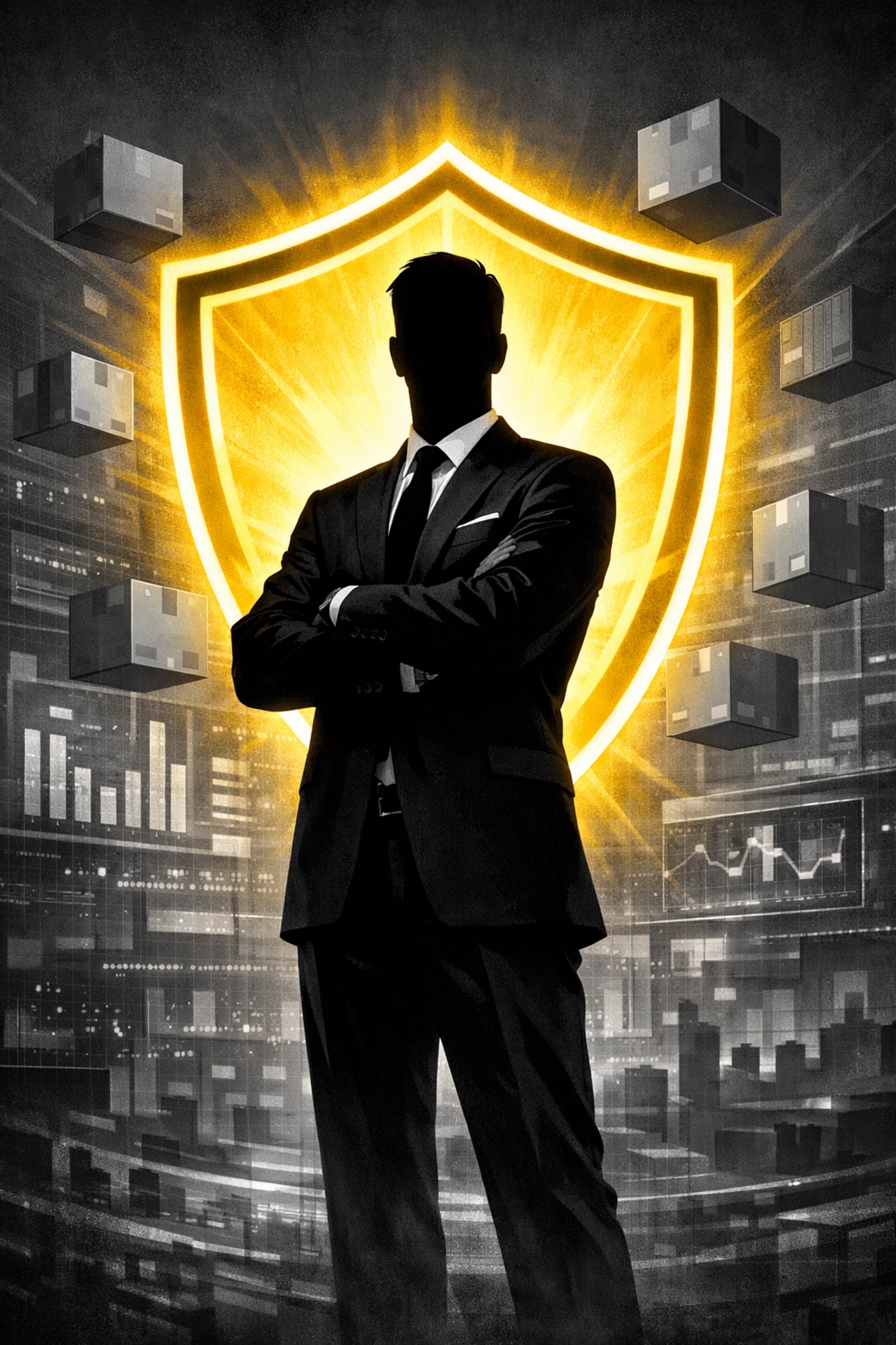 Illustration of an Amazon brand manager protecting a company using Brand Registry and security tools.