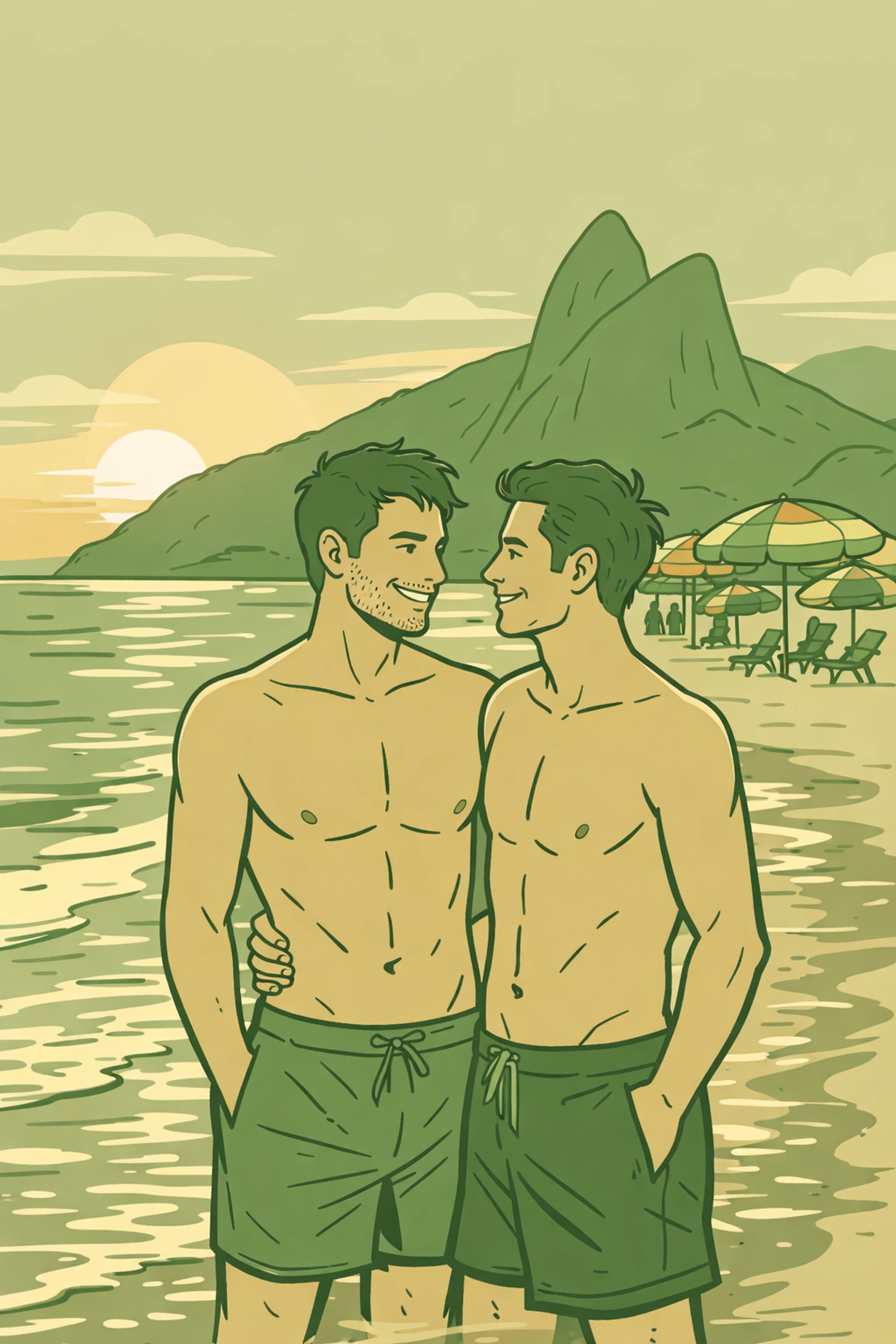 Two men embracing at Posto 9 gay beach in Ipanema with Two Brothers Mountain at sunset